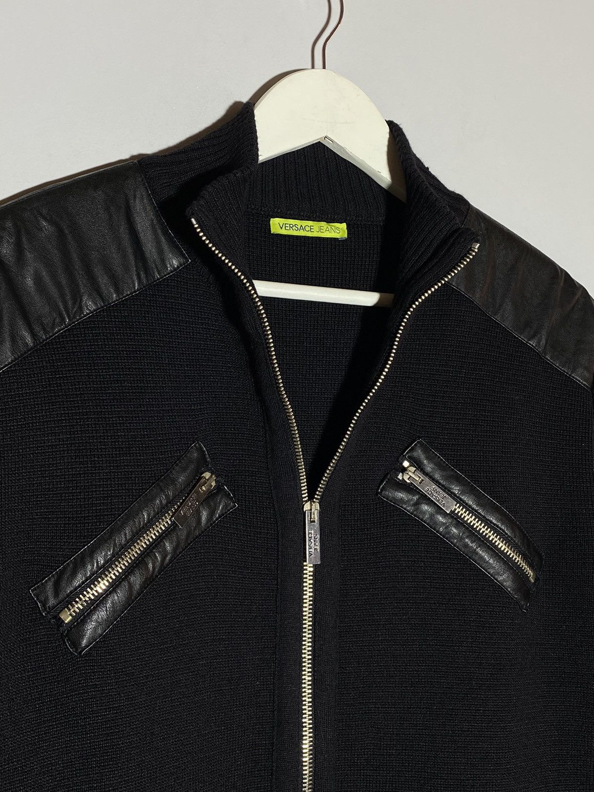 Versace Jeans Couture × Vintage Versace Jeans leather elements wool black zip up sweater Size US M / EU 48-50 / 2 - 9 Thumbnail