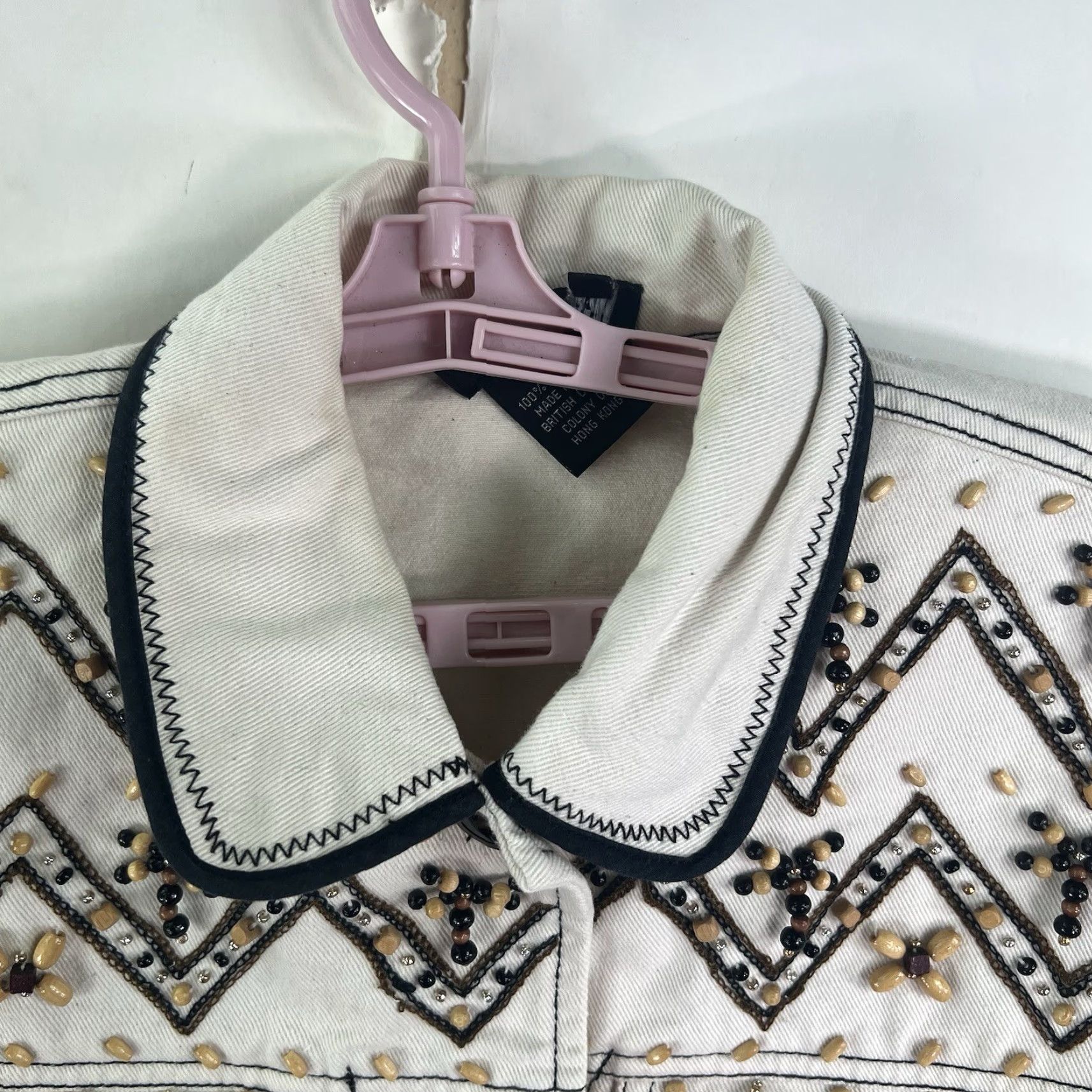 Vintage Carole Little Vintage Aztec Beaded Denim Jacket Womens Size 4 Ivory Geometric Beaded Mid-Length Jacket Size S / US 4 / IT 40 - 3 Thumbnail