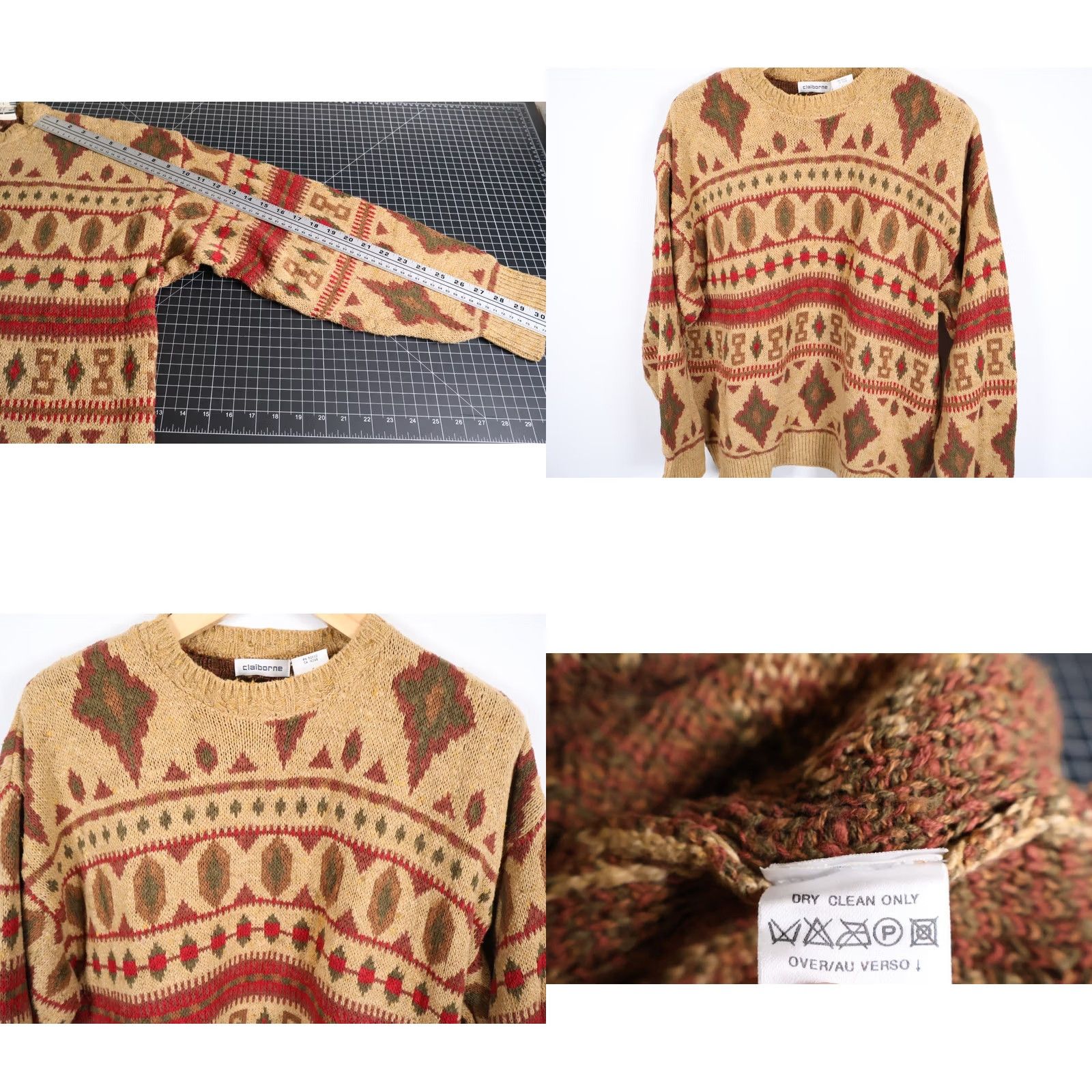 Liz Claiborne VINTAGE Claiborne Sweater Geometric Beige Cotton Knit Crew Neck Long Sleeve Pullover Women's Large 90s Tribal Hipster Oversized Mens Womens Girls Size L / US 10 / IT 46 - 8 Thumbnail