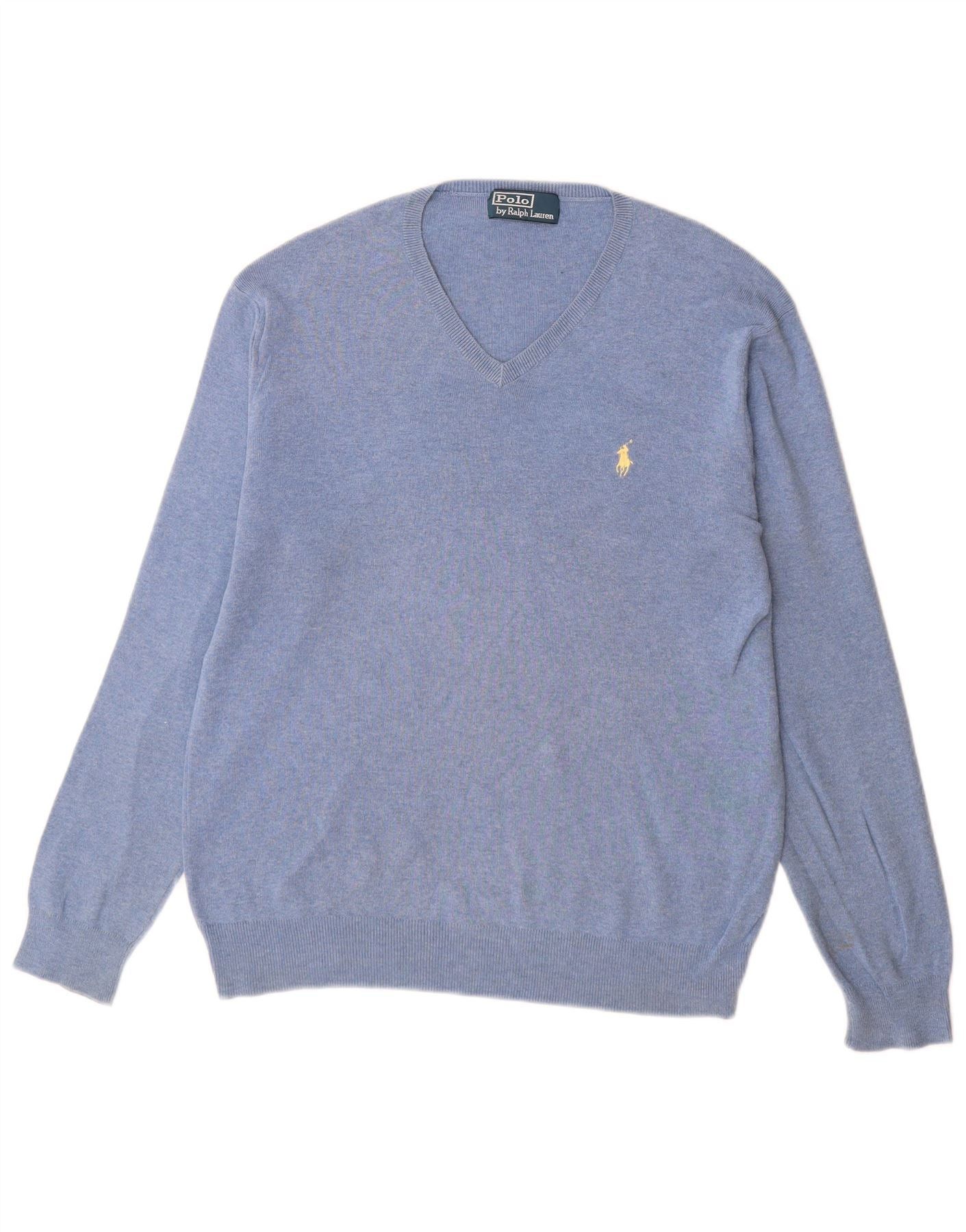 Polo Ralph Lauren Mens V-Neck Jumper Sweater Medium Blue Cotton Size US M / EU 48-50 / 2 - 1 Thumbnail