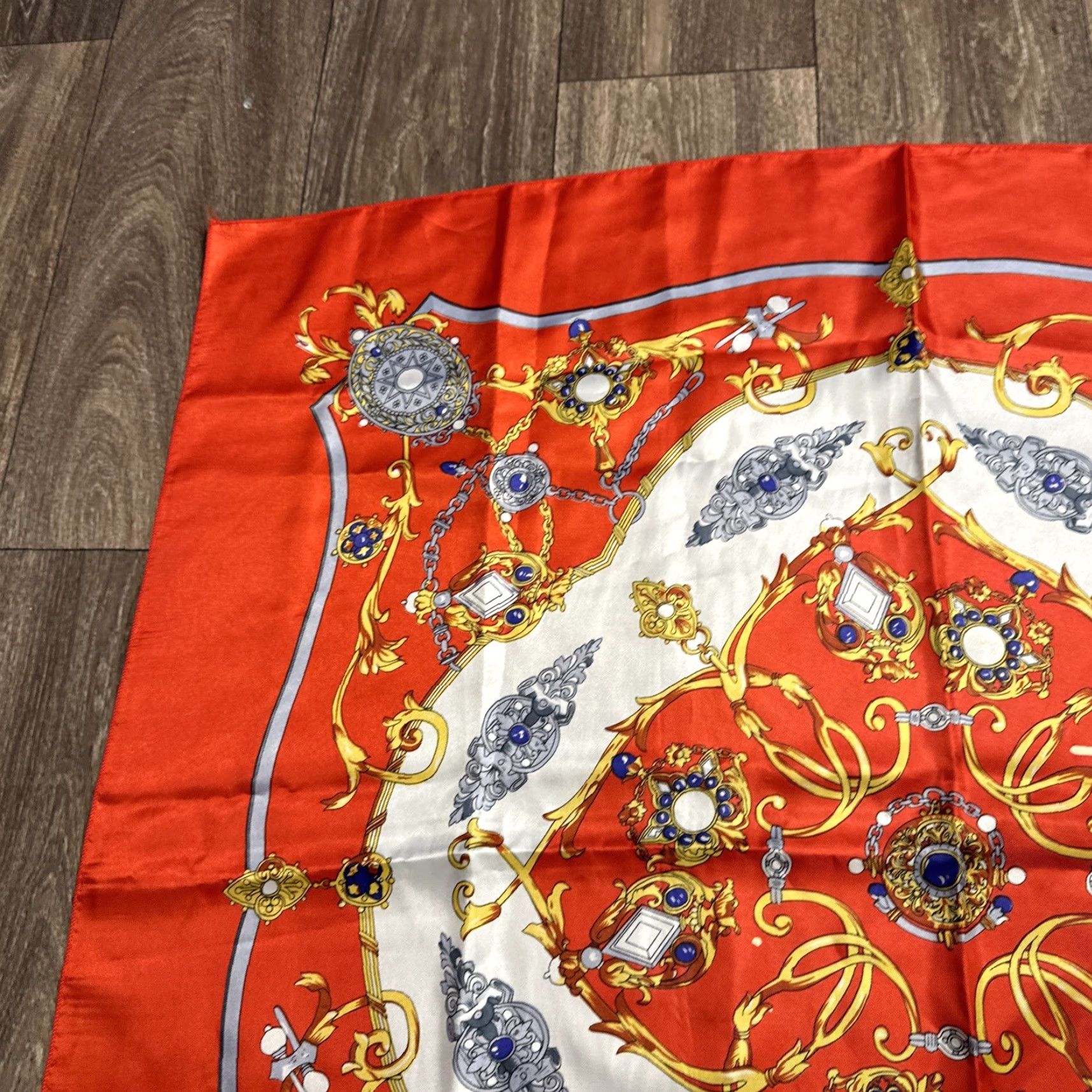 Vintage VINTAGE 90s Baroque Victorian Style Silky Red White Polyester Square Scarf Women's Red Square Scarf 33x35” Size ONE SIZE - 6 Thumbnail