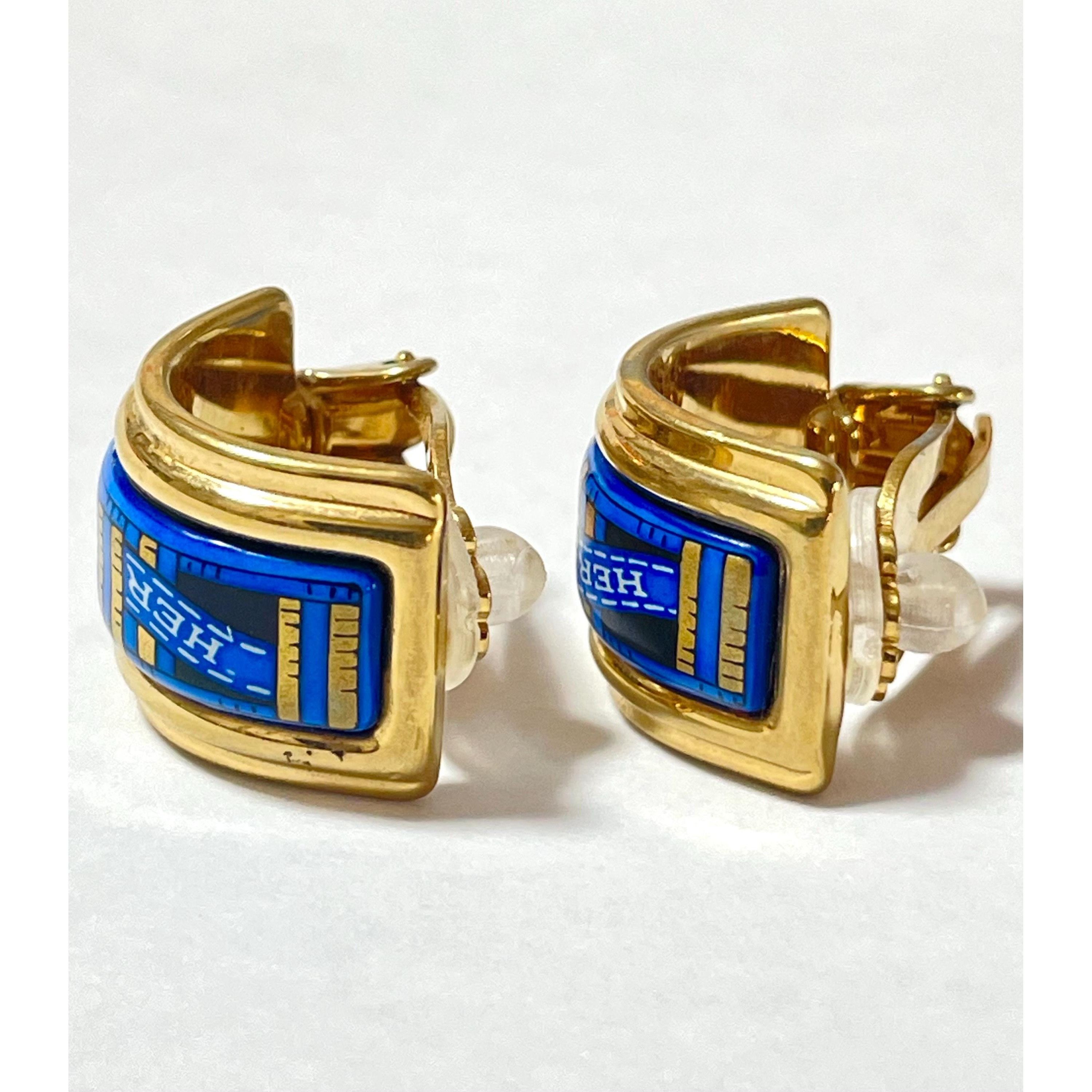 Hermes Vintage Hermes cloisonne, enamel golden earrings with blue Size ONE SIZE - 6 Thumbnail