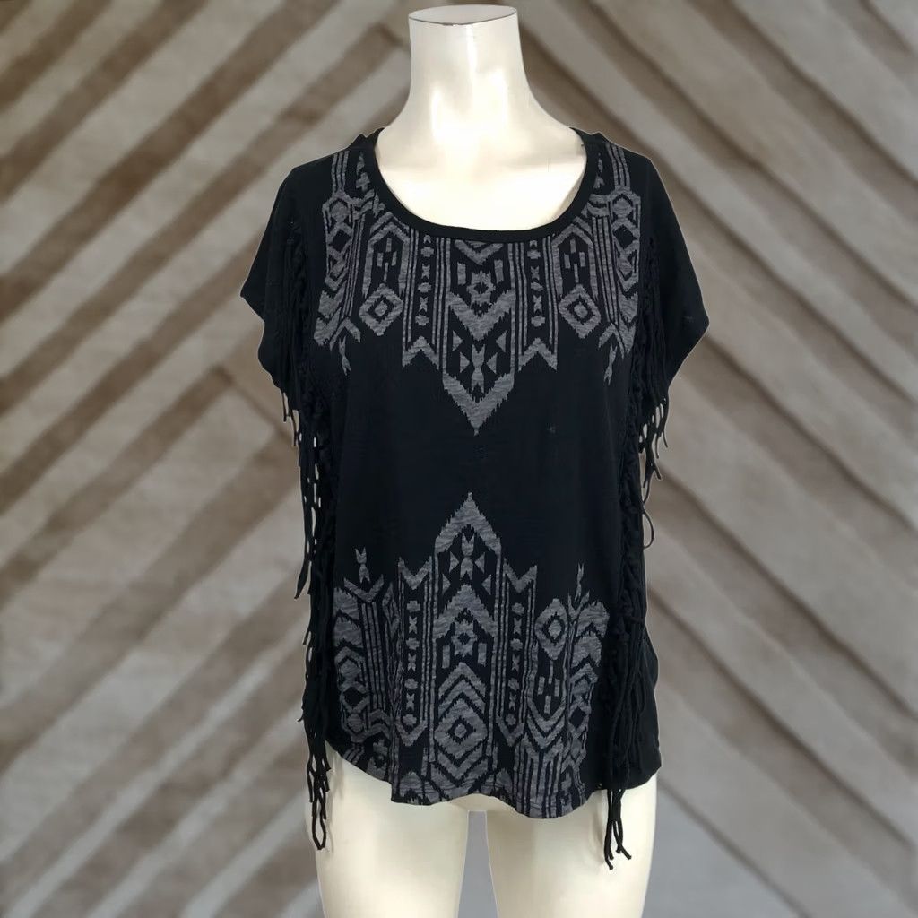Vintage BONGO Women's Large Black Cotton Aztec Fringe Top Shirt Size L / US 10 / IT 46 - 1 Thumbnail
