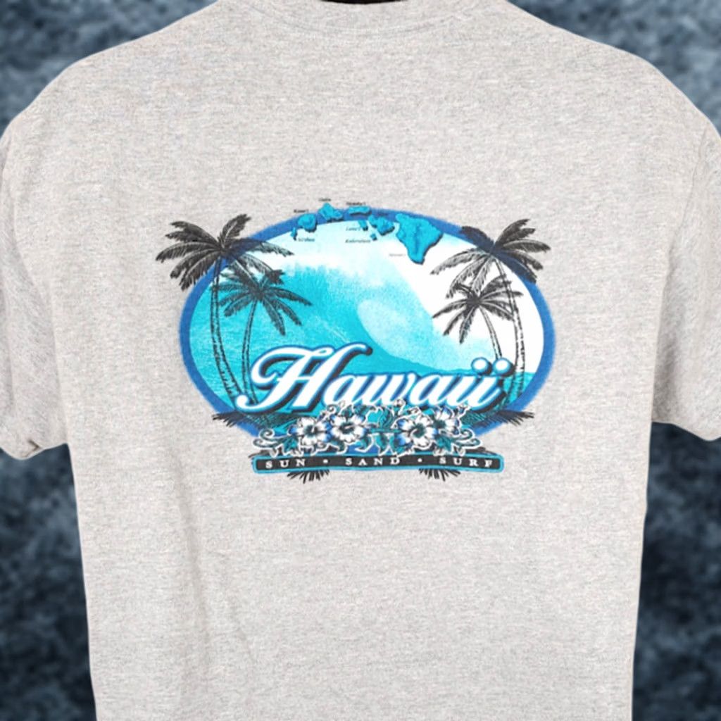 Gildan Hawaii Surfing T Shirt Mens Size Large Gray Hawaiian Palm Trees Destination Gildan Regular Cotton Short Sleeve Crew Neck Double-Sided Vintage No Size US L / EU 52-54 / 3 - 1 Thumbnail