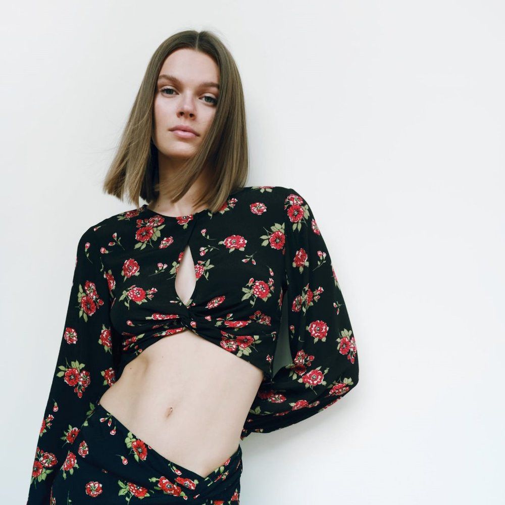 Zara NWT New Zara Cut Out Floral Long Sleeve Crop Top Size L Size L / US 10 / IT 46 - 2 Thumbnail