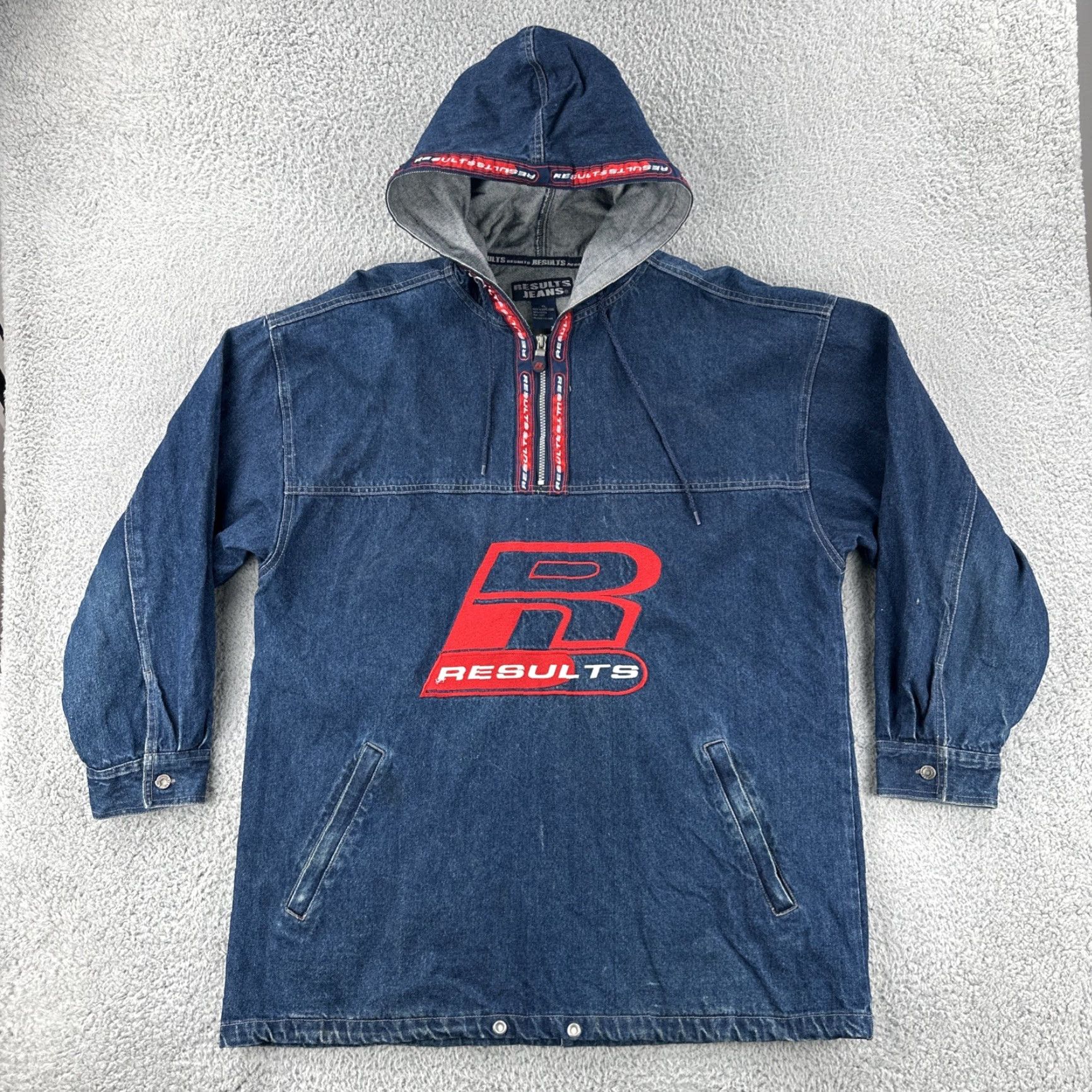 Vintage VINTAGE Results Jeans XL Embroidered Blue Denim Hooded 1/4 Zip Anorak Jacket 90s Mens Size US 36 / EU 52 - 2 Thumbnail