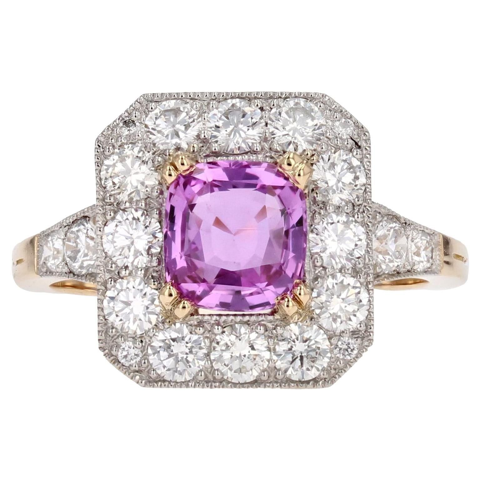 image of Vintage New Art Deco Style Pink Sapphire Diamonds 18 Karat Yellow Gold Platinum Ring, Women's