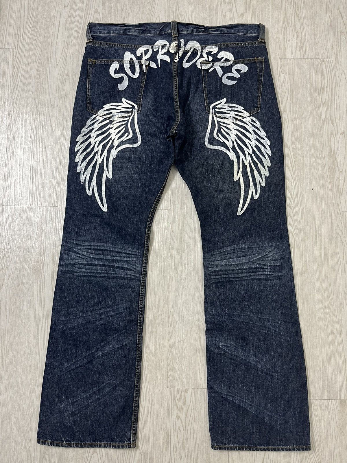 image of Y2K Sorridere Spellout Wings Baggy Jnco Style Jeans in Denim, Men's (Size 40)