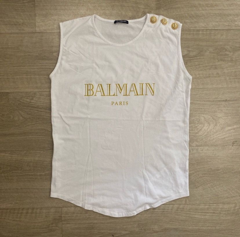 Balmain BALMAIN White Logo Printed Tank Gold Buttons Blanc Cotton Size XL / US 12-14 / IT 48-50 - 1 Thumbnail