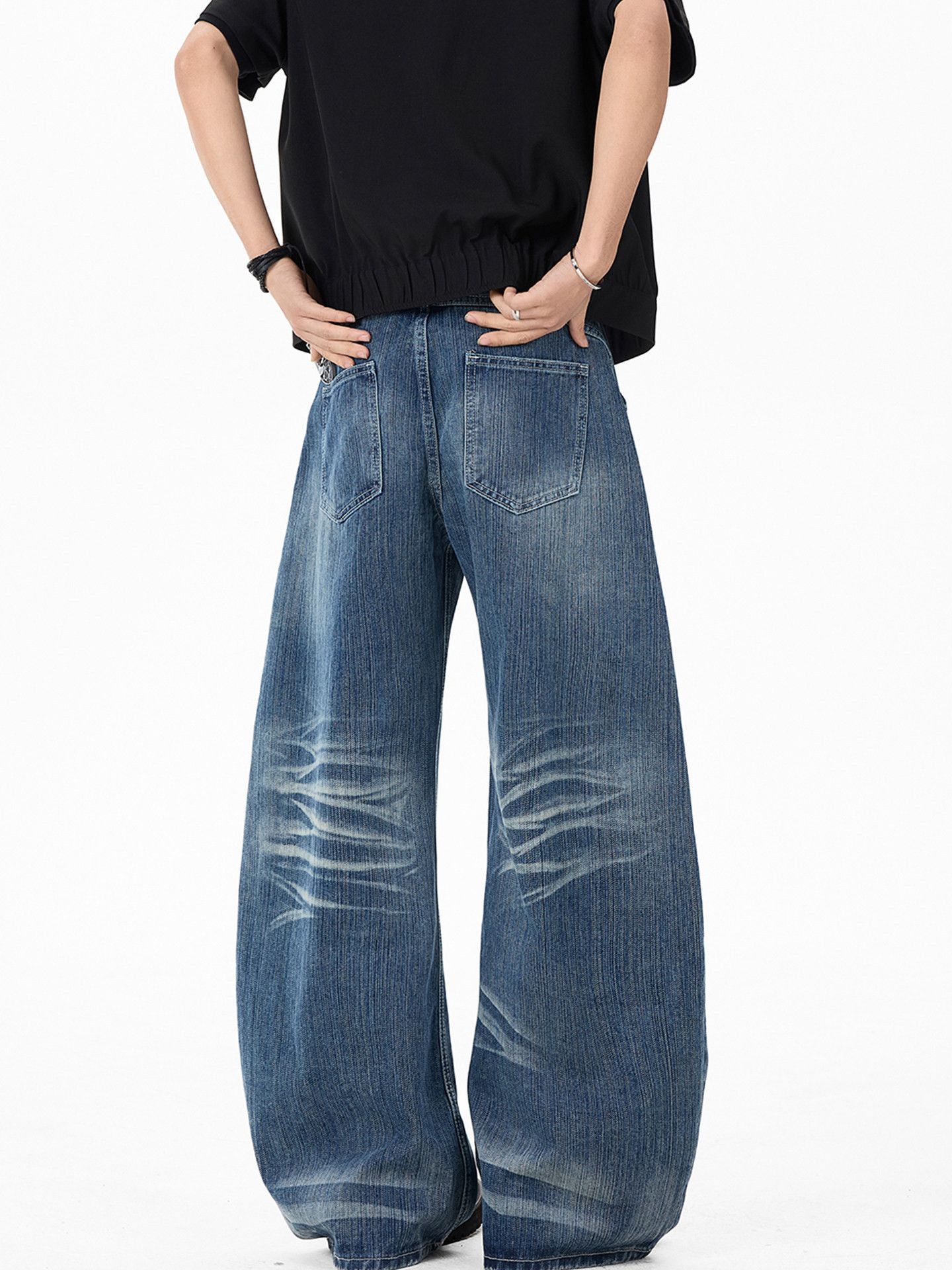 Japanese Brand Men's Retro Street Loose Saber-Cut Washed Denim Jeans Size US 32 / EU 48 - 4 Thumbnail