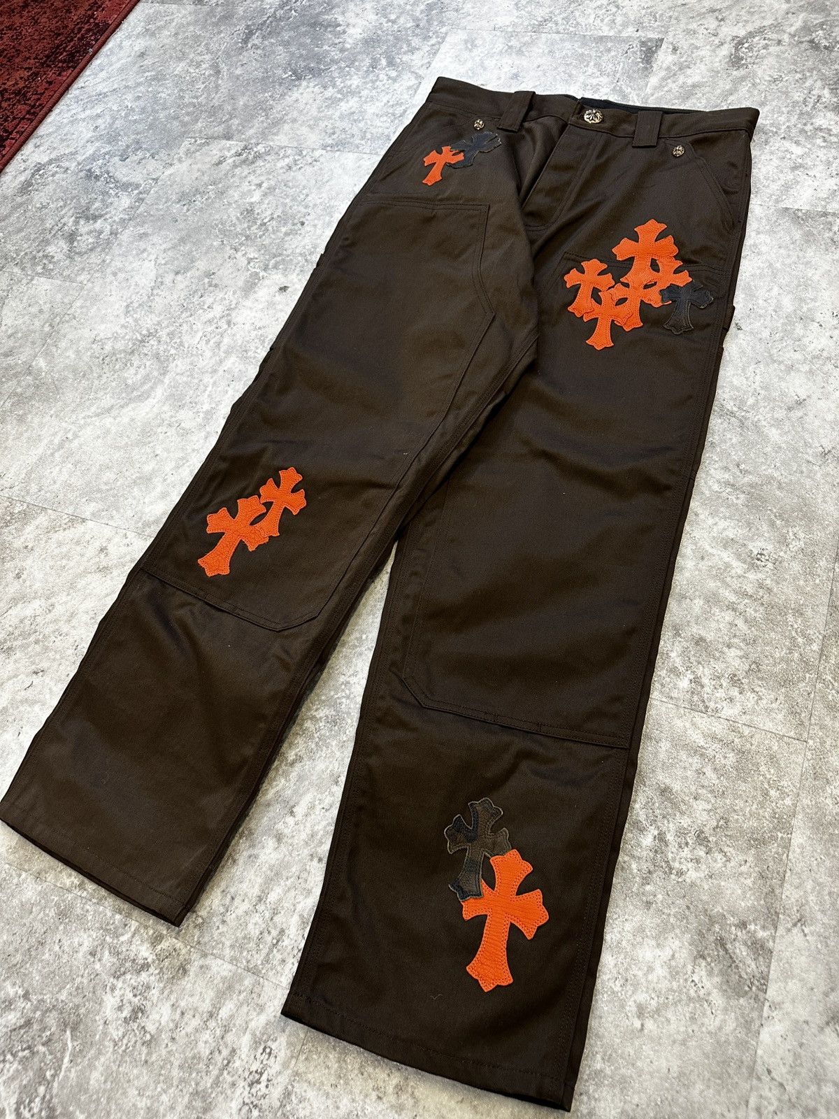 image of Chrome Hearts Patched Brown Carpenter Pants, Men's (Size 32)