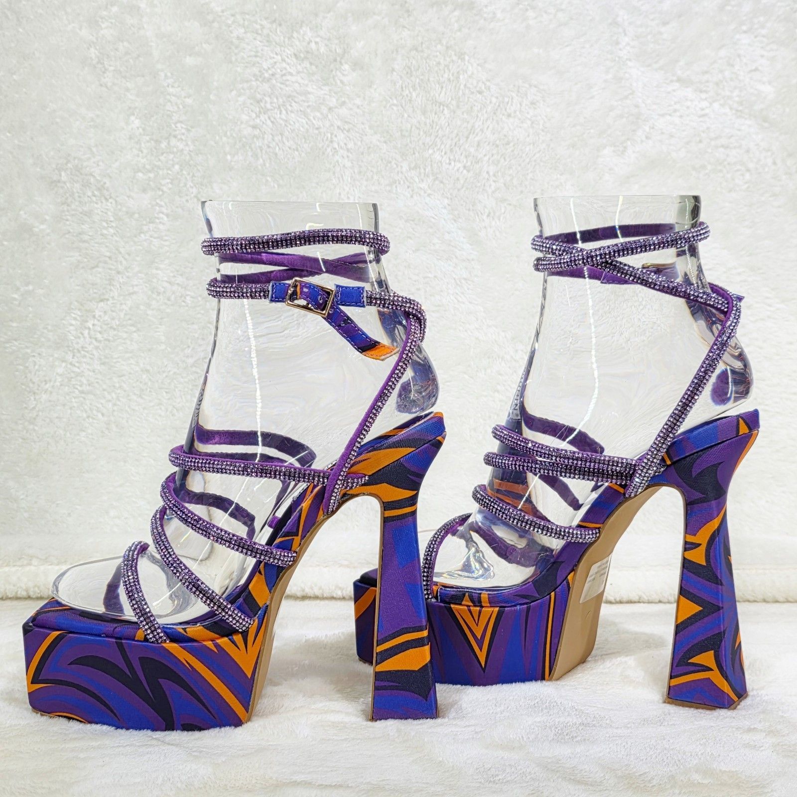 Other Racer Colorful 6" Chunky Flared Platform Heels Rhinestone St Size US 7 / IT 37 - 2 Thumbnail
