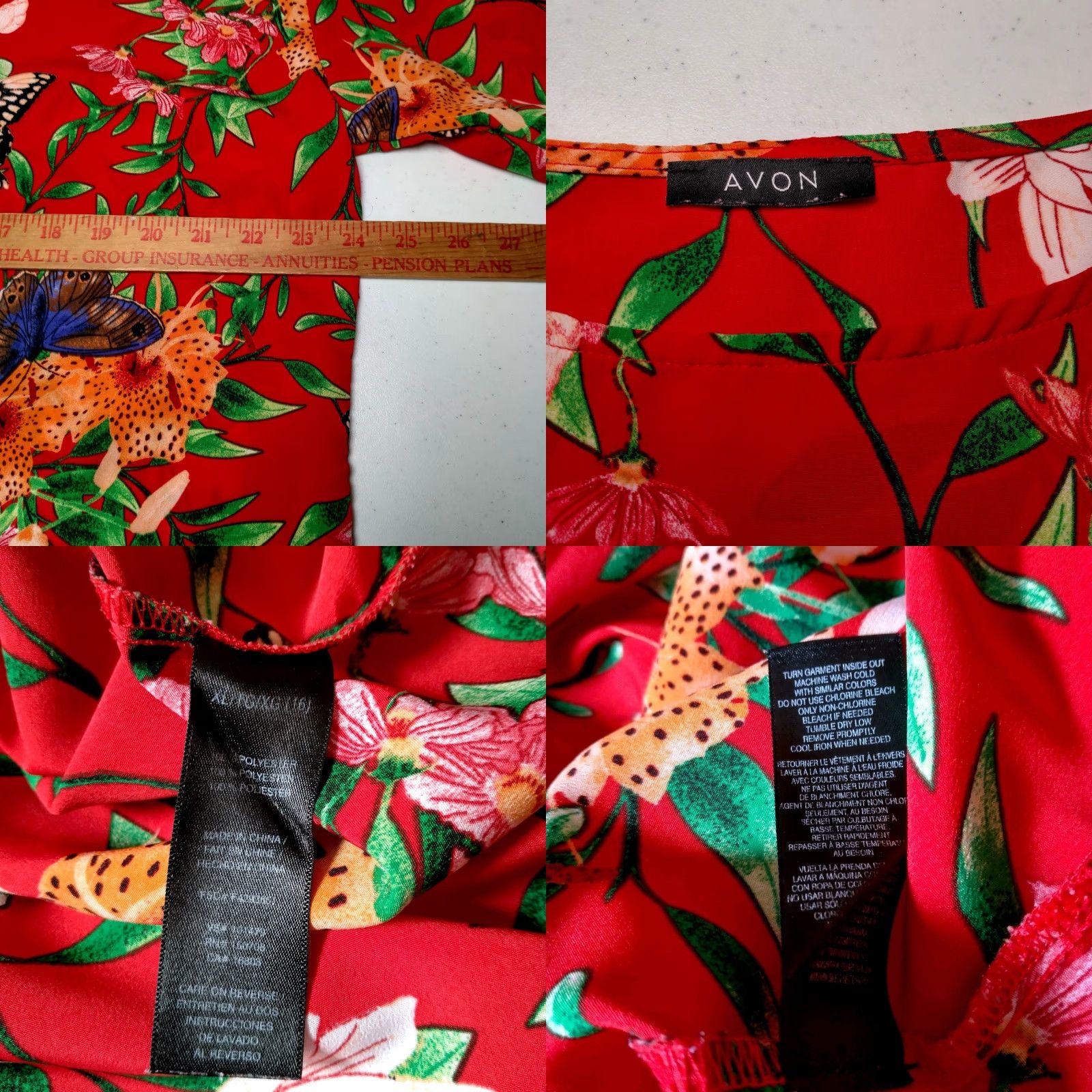 Vintage Avon Blouse Shirt Women XL Red Butterfly Floral Belted Tunic Top Size XL / US 12-14 / IT 48-50 - 8 Thumbnail