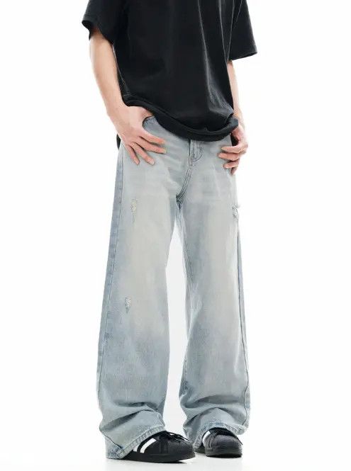 Japanese Brand Rena Vintage washed blue ripped loose wide-leg casual jeans Size US 32 / EU 48 - 3 Thumbnail