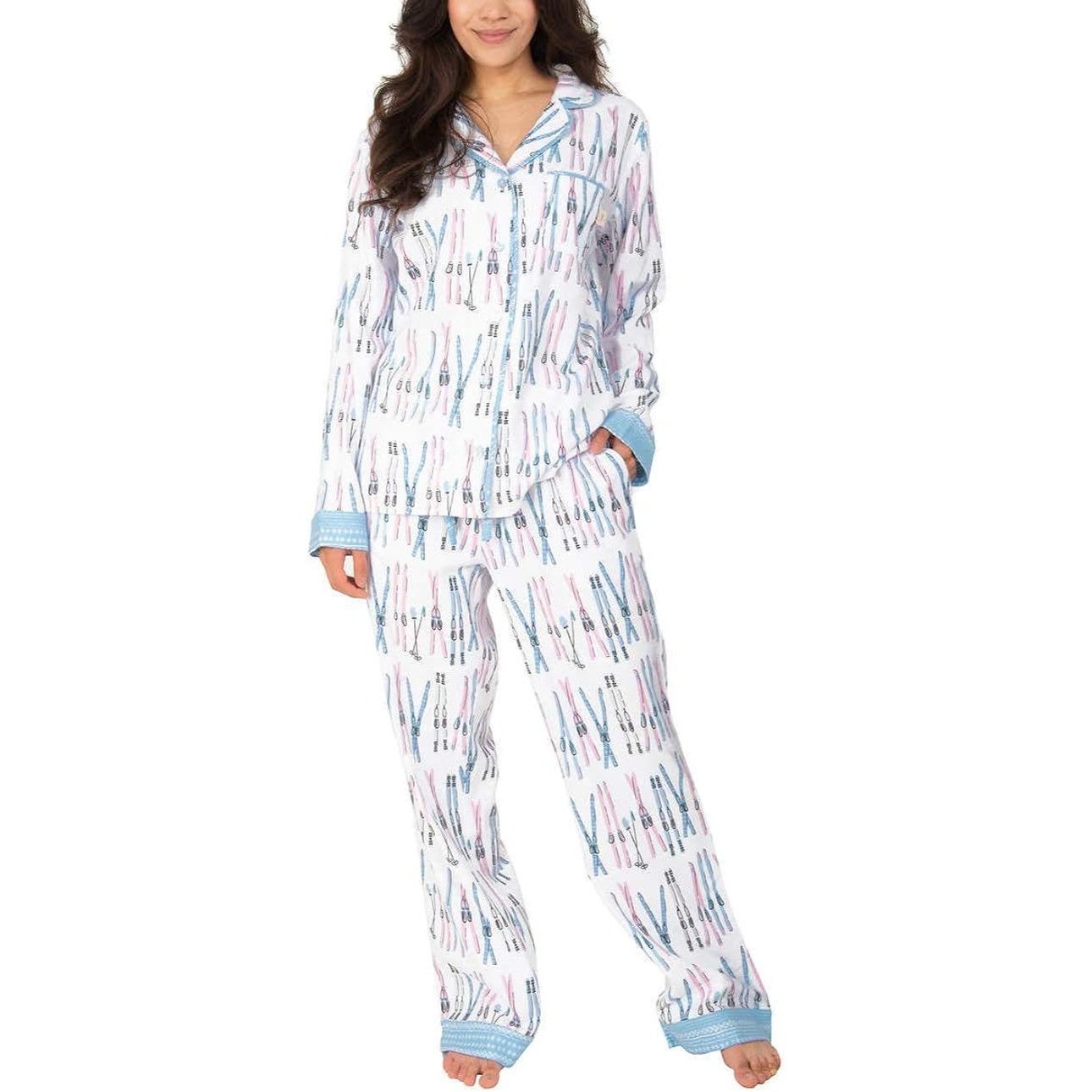Other Munki Munki Womens M White Ski Print Flannel 2-Piece Pajamas Size M / US 6-8 / IT 42-44 - 1 Preview