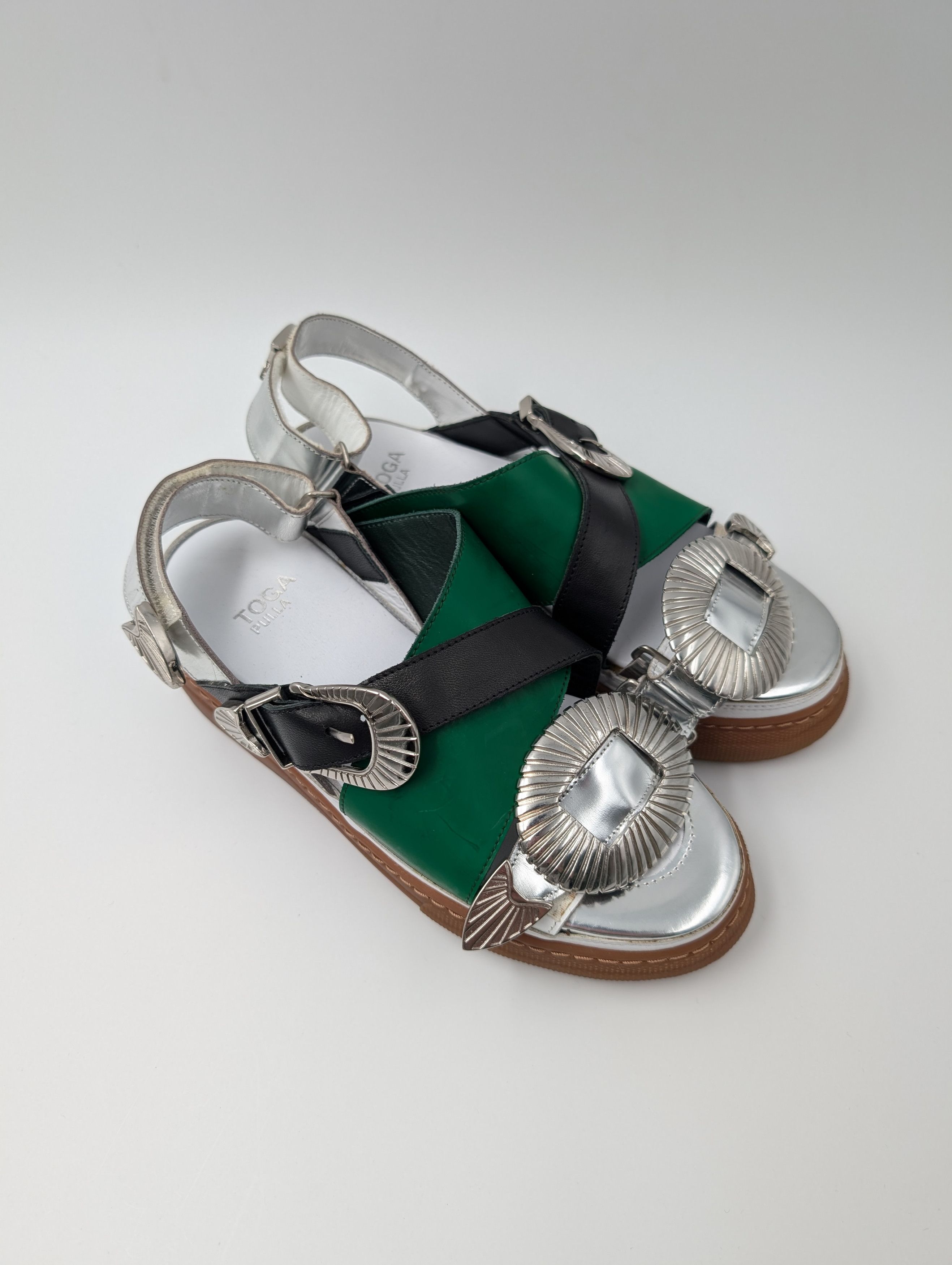 Toga Pulla Green And Silver Open-Toed Shoes With Iconic Detail Size US 5 / IT 35 - 5 Thumbnail