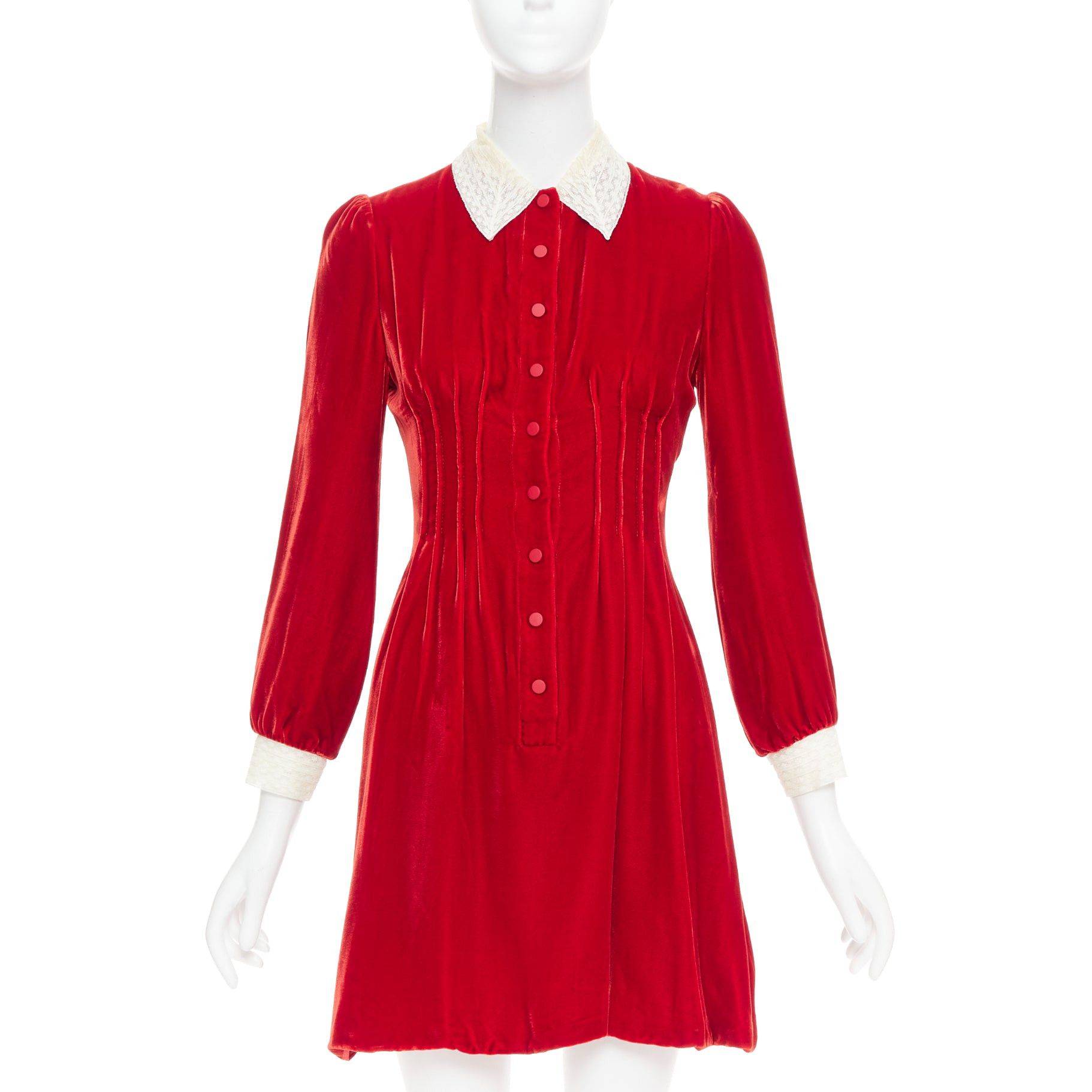 Dior DIOR 2017 Runway red crushed velvet cream lace trim pleated dress FR34 XS Size XS / US 0-2 / IT 36-38 - 1 Thumbnail