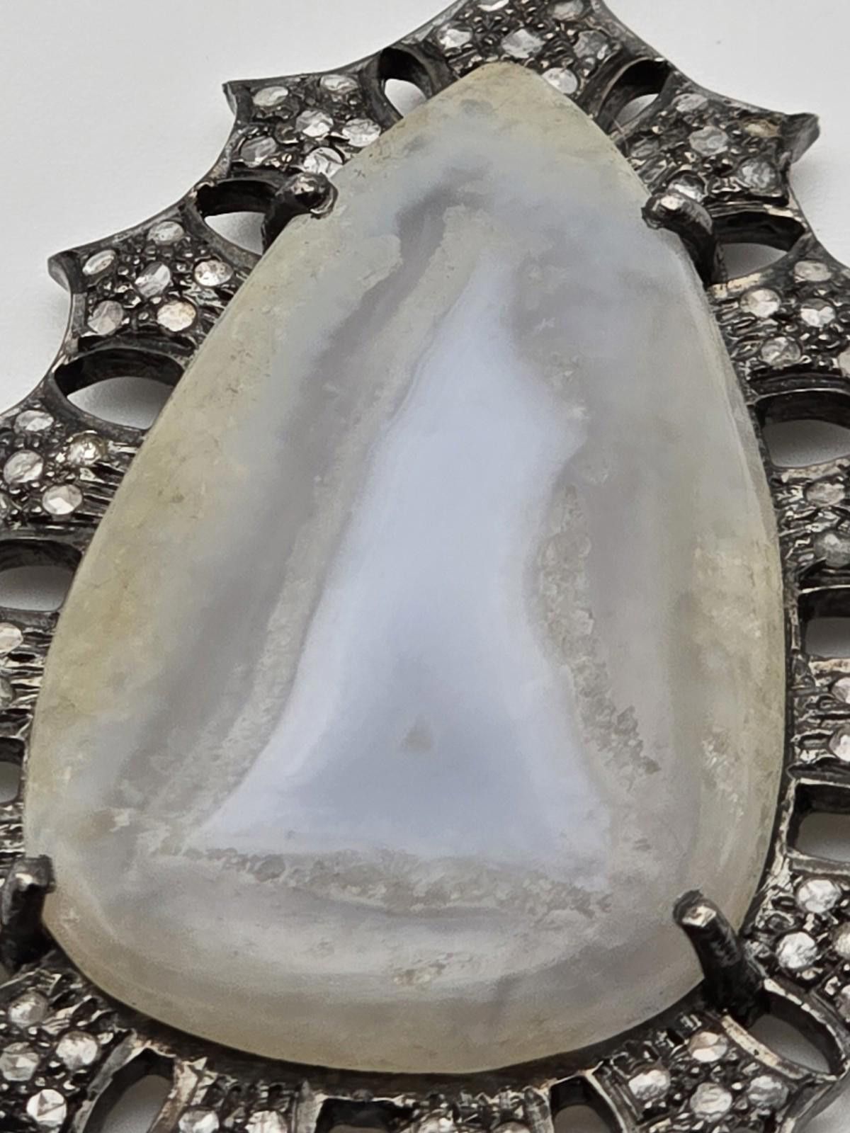 The Unbranded Brand Oxidized Sterling Silver Banded Agate Pendant w Diamonds Size ONE SIZE - 4 Thumbnail
