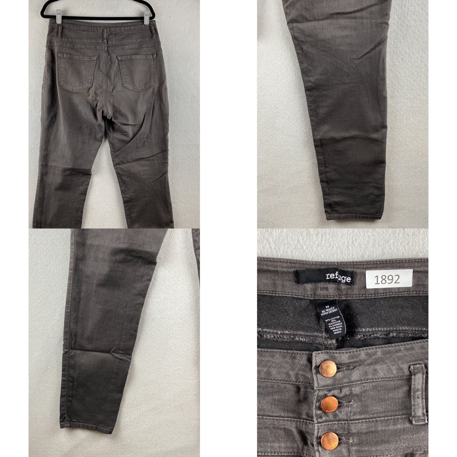 Vintage Refuge Jeans Womens 14 Gray Super Skinny High Rise Stretch Denim Tummy Control Dark Wash 3 Button Front Size 36" / US 14 / IT 50 - 10 Thumbnail