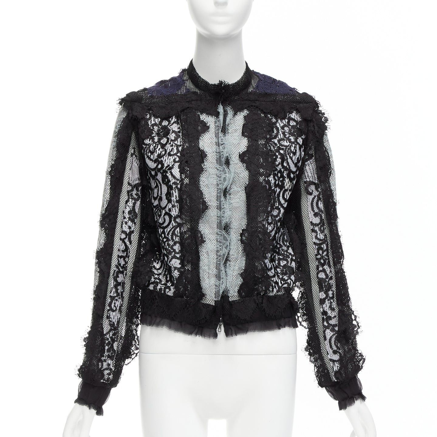 Lanvin LANVIN blue black intricate lace panels sheer long sleeve jacket FR34 XS Size XS / US 0-2 / IT 36-38 - 1 Thumbnail