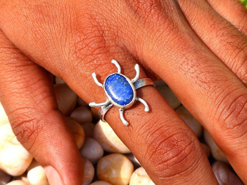 Handmade Lapis Lazuli Insect Ring, Handmade 925 Silver Scarab Beetle Size ONE SIZE - 8 Thumbnail