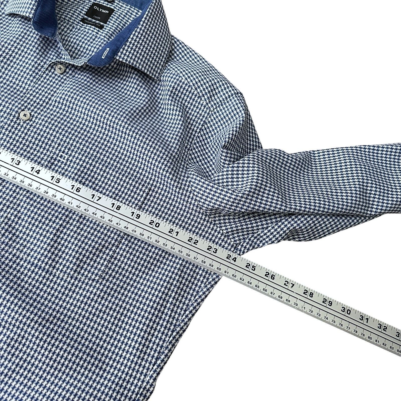 Other Olymp Luxor Dress Shirt Mens 16.5 42 Blue Houndstooth Cotton Size US L / EU 52-54 / 3 - 8 Thumbnail