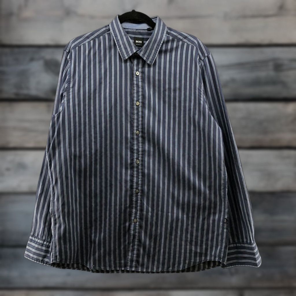 Hugo Boss VINTAGE Hugo Boss Lucas Dress Shirt Mens XL Blue Gray Striped Cotton Long Sleeve Business Formal Workwear Size 46R - 1 Thumbnail