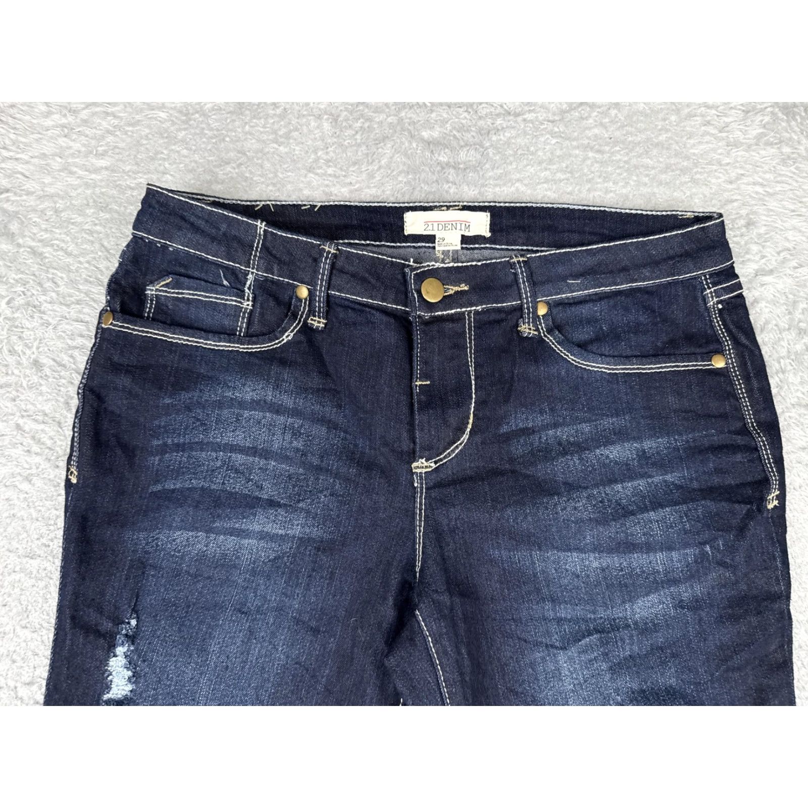 Denime 2.1 Denim Skinny Jeans Womens 29 Blue Dark Wash Distressed Mid Rise 29x27 Slim Size 29" - 4 Thumbnail