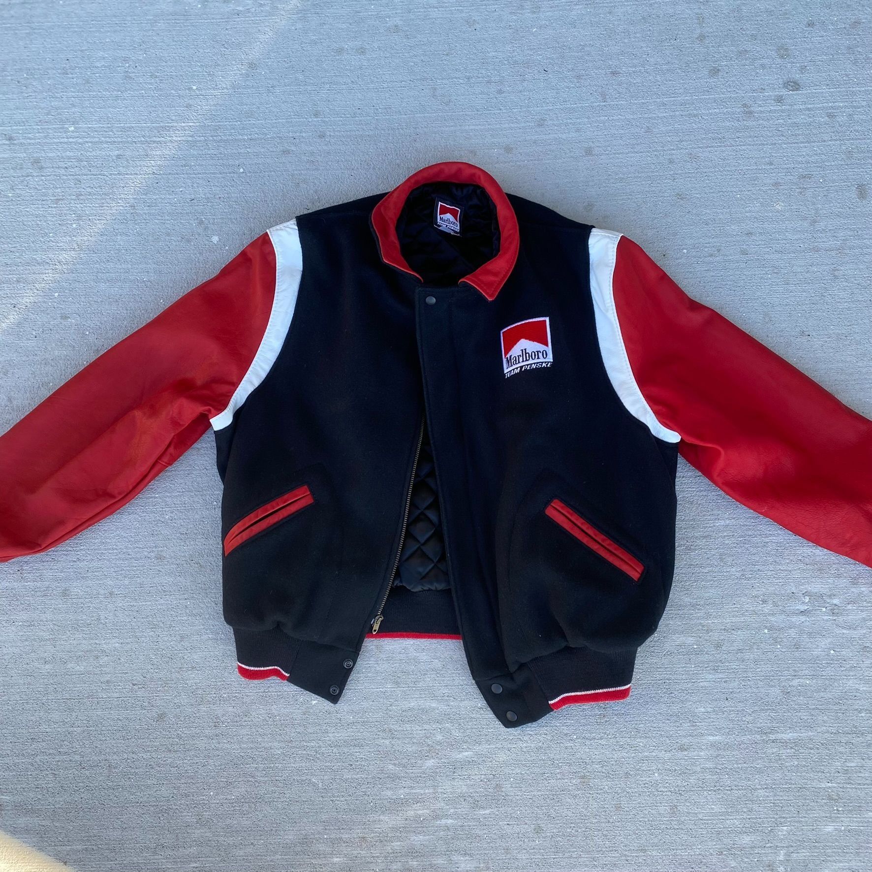 Image of Made In USA x Marlboro Vintage 90's Marlboro Bomber Jacket Penske Racing Quilted in Black (Size XL)