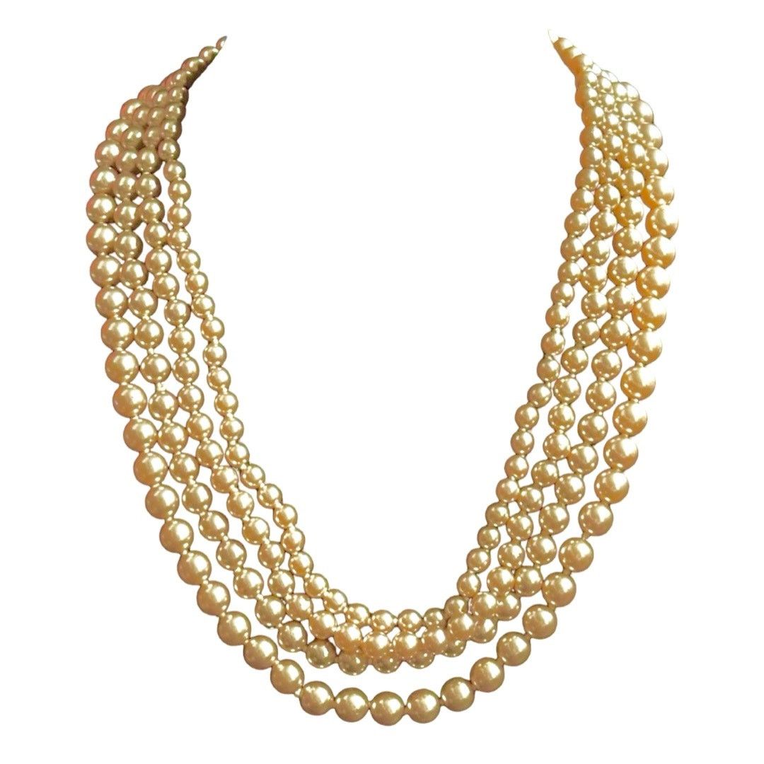image of 80’S 4 Strand Gold Pearl Necklace Silver Clasp Rhinestones, Women's