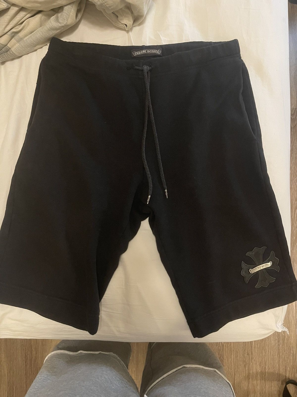 image of Chrome Hearts Leather Plus Patch Sweatshorts (With .925) in Black, Men's (Size 32)