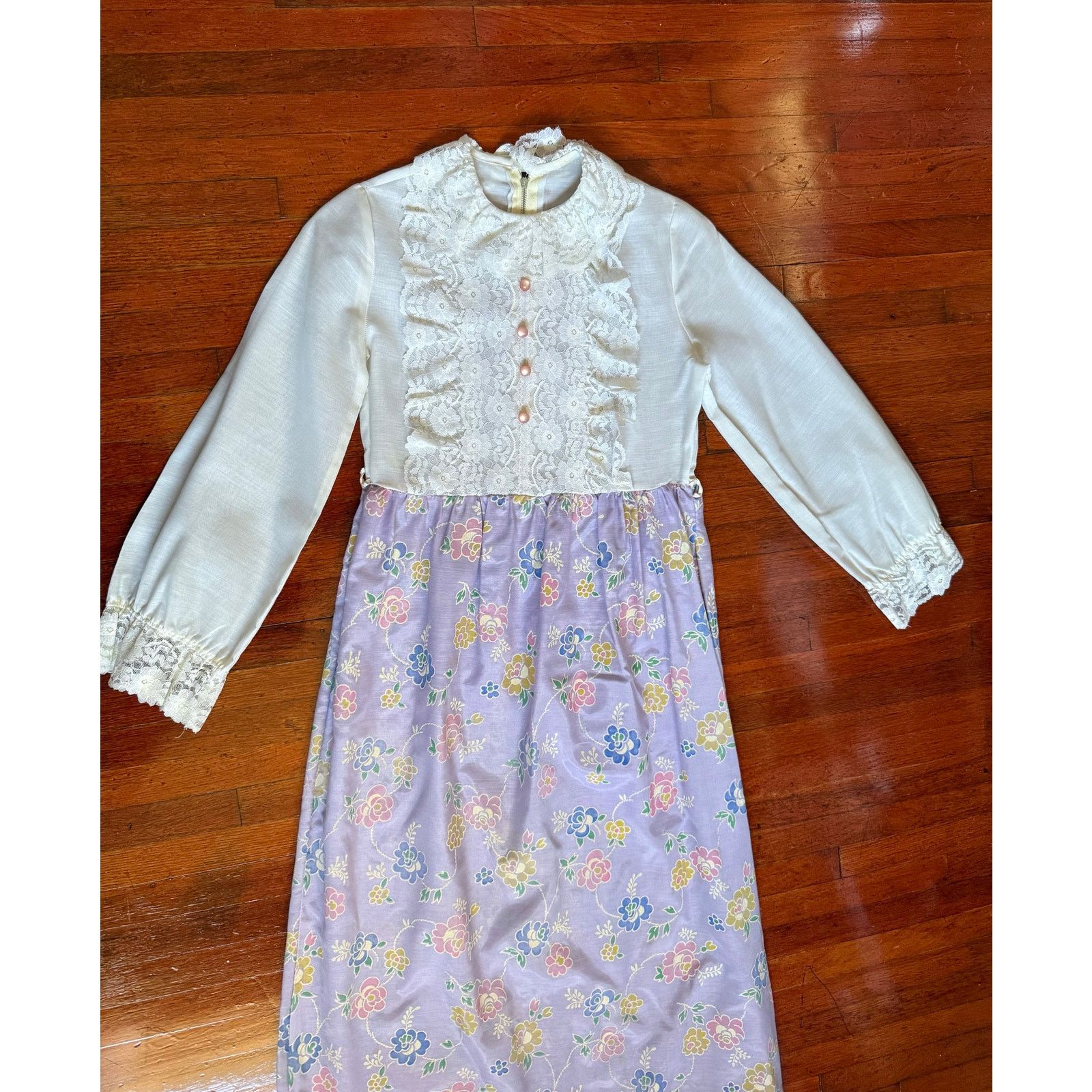 Vintage 50s Handmade White Lavender Lace Floral Prairie Dress XXS Size XS / US 0-2 / IT 36-38 - 4 Thumbnail