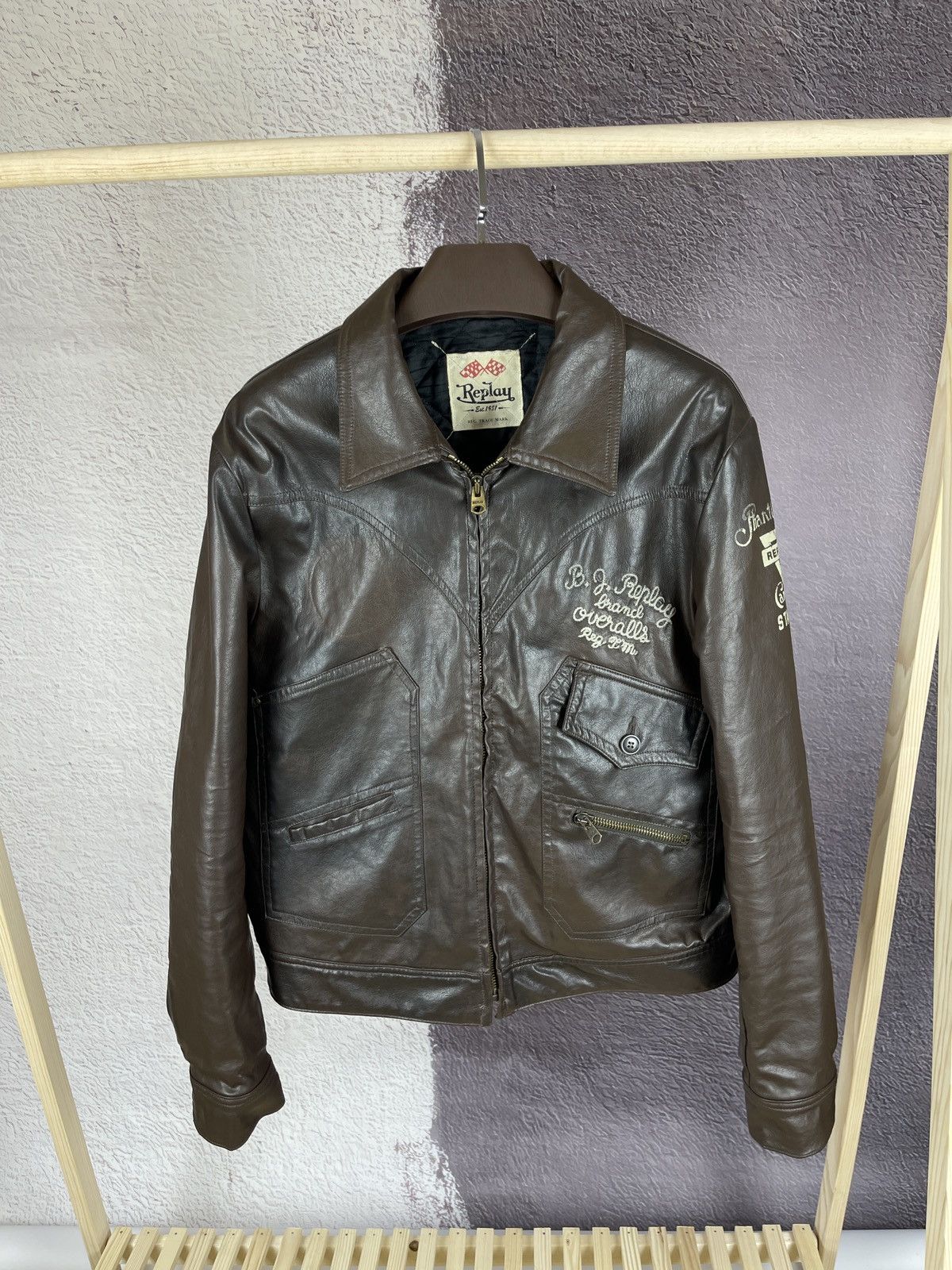 image of Replay Leather Bomber Jacket Mercari Phanter Lakes in Brown, Men's (Size XL)