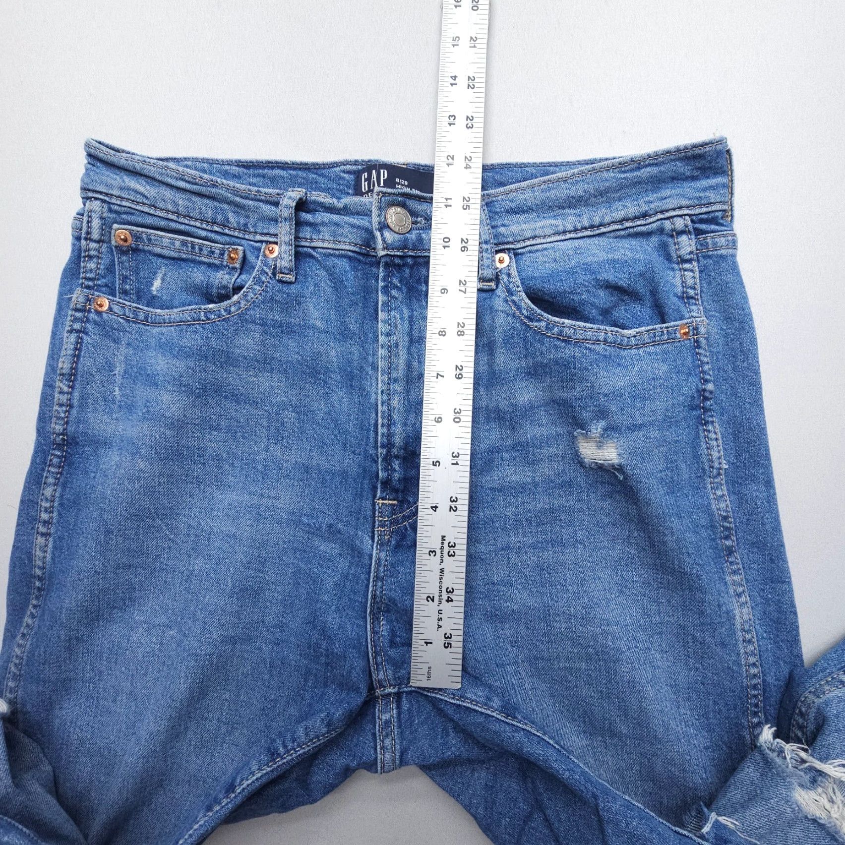 Gap VINTAGE Gap High Rise Slim Jeans Womens 8 / 29 Blue Distressed Denim Stretch Straight 5-Pocket Womens 90s Theme Size 30" / US 8 / IT 44 - 6 Thumbnail
