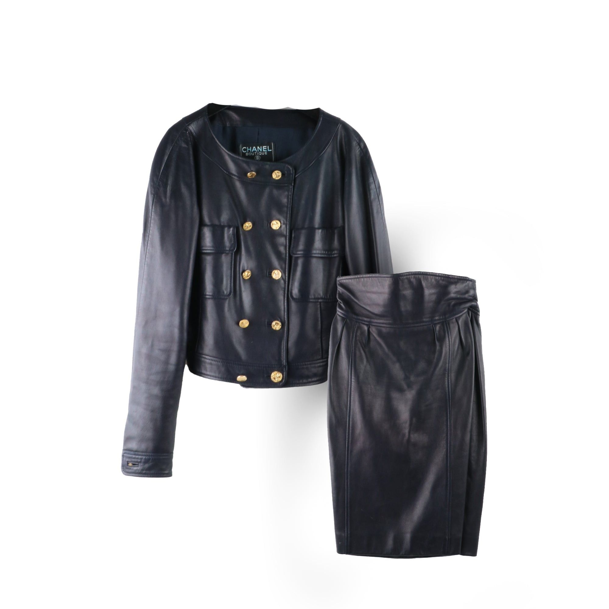 image of Chanel - Navy Blue Lambskin Jacket And Skirt Set (Xs), Women's