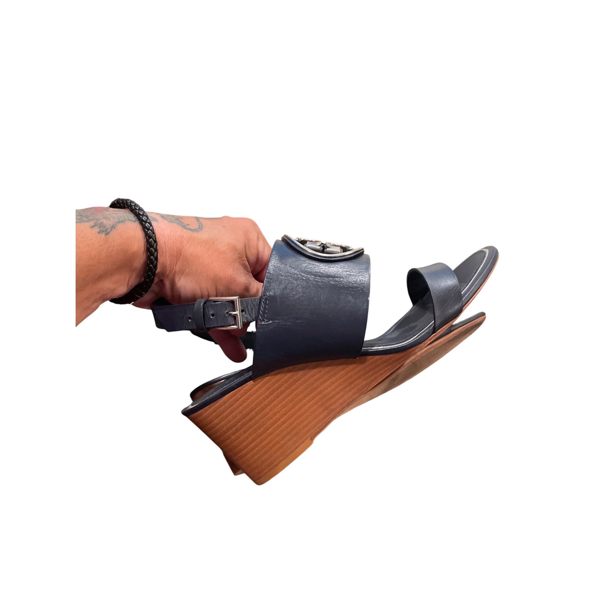 Tory Burch Tory Burch wms black leather 3" open sling back wedge shoes Size US 8.5 / IT 38.5 - 15 Thumbnail