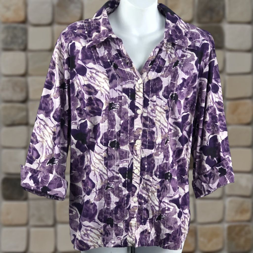 JM Collection JM Collection Blouse Shirt 12P Purple Floral Button Up 3/4 Sleeve Boho Career Womens Size XL / US 12-14 / IT 48-50 - 1 Thumbnail