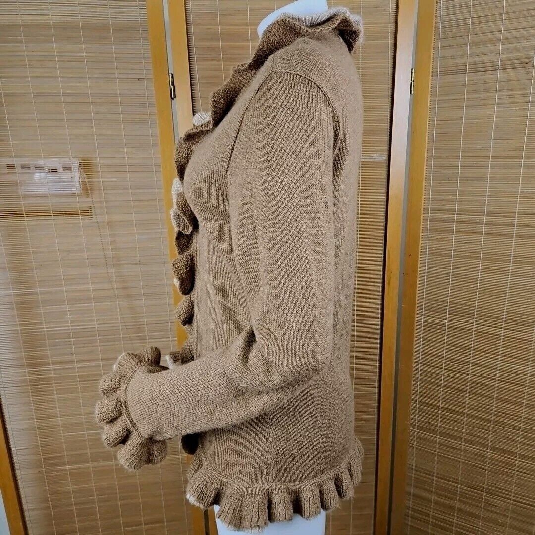 Handmade Baby Alpaca Sweater Womens L Beige Brown Ruffled Long Sleeve Size L / US 10 / IT 46 - 3 Thumbnail