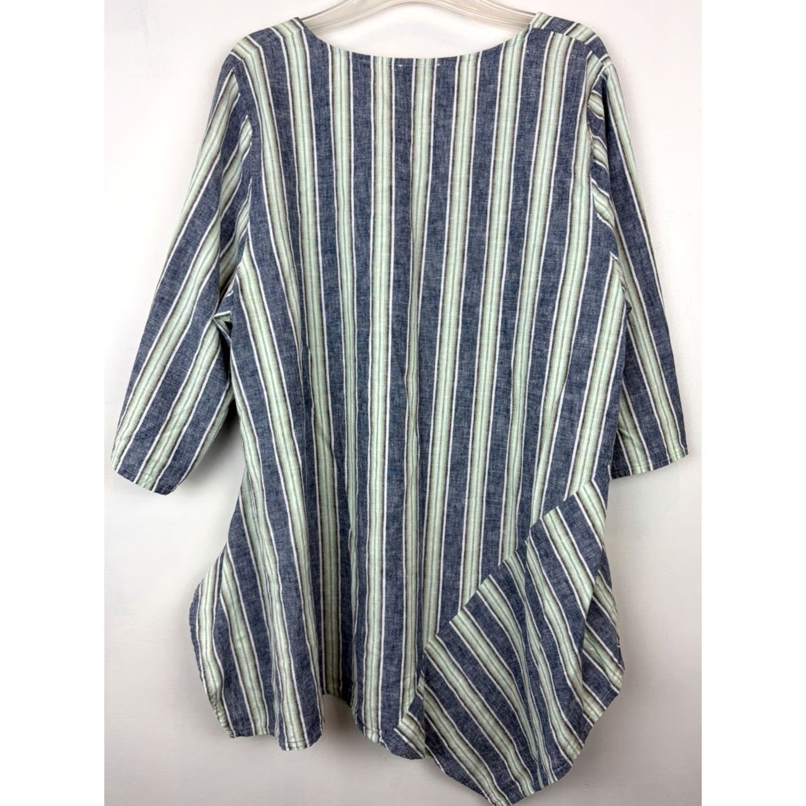 Vintage Coastal Lagenlook Beach Tunic Top Shirt Womens 2X Striped Asymetrical Blue Linen Size XXL / US 16-18 / IT 52-54 - 2 Thumbnail