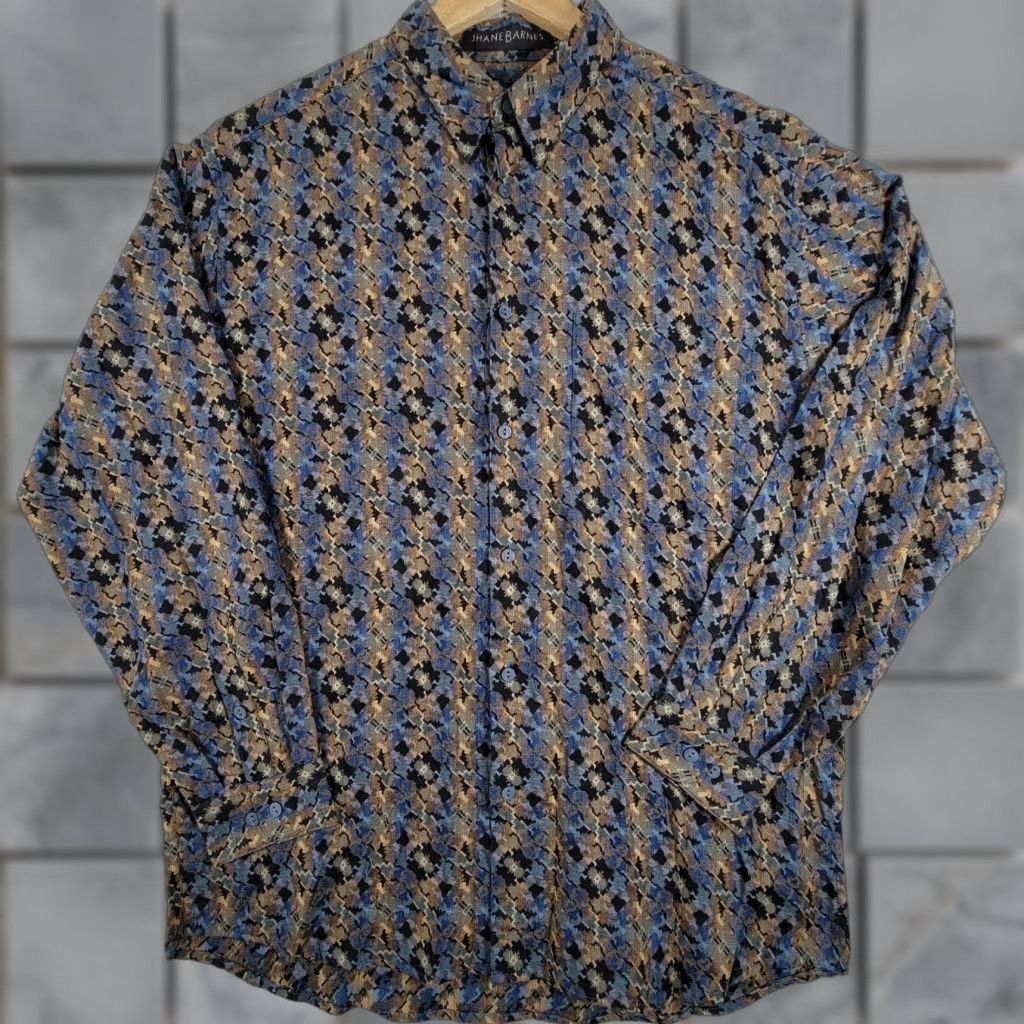 Vintage Jhane Barnes Shirt Mens M Cotton Black/ Brown Graphic Print Button-Up Silk Blend Long Sleeve Collared Pocket Designer Hipster 90s? Size US M / EU 48-50 / 2 - 1 Thumbnail