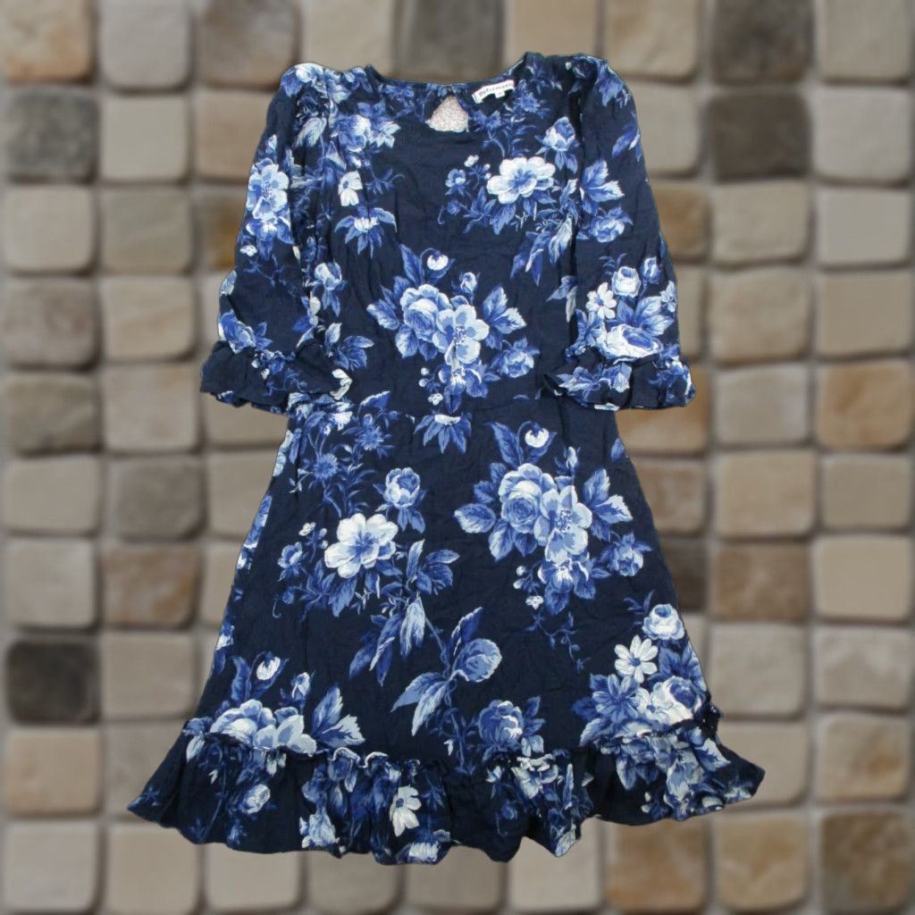 VINTAGE Reformation Dress Womens 8 Short Sleeve Blue Floral Blouson Summer  Casual Women