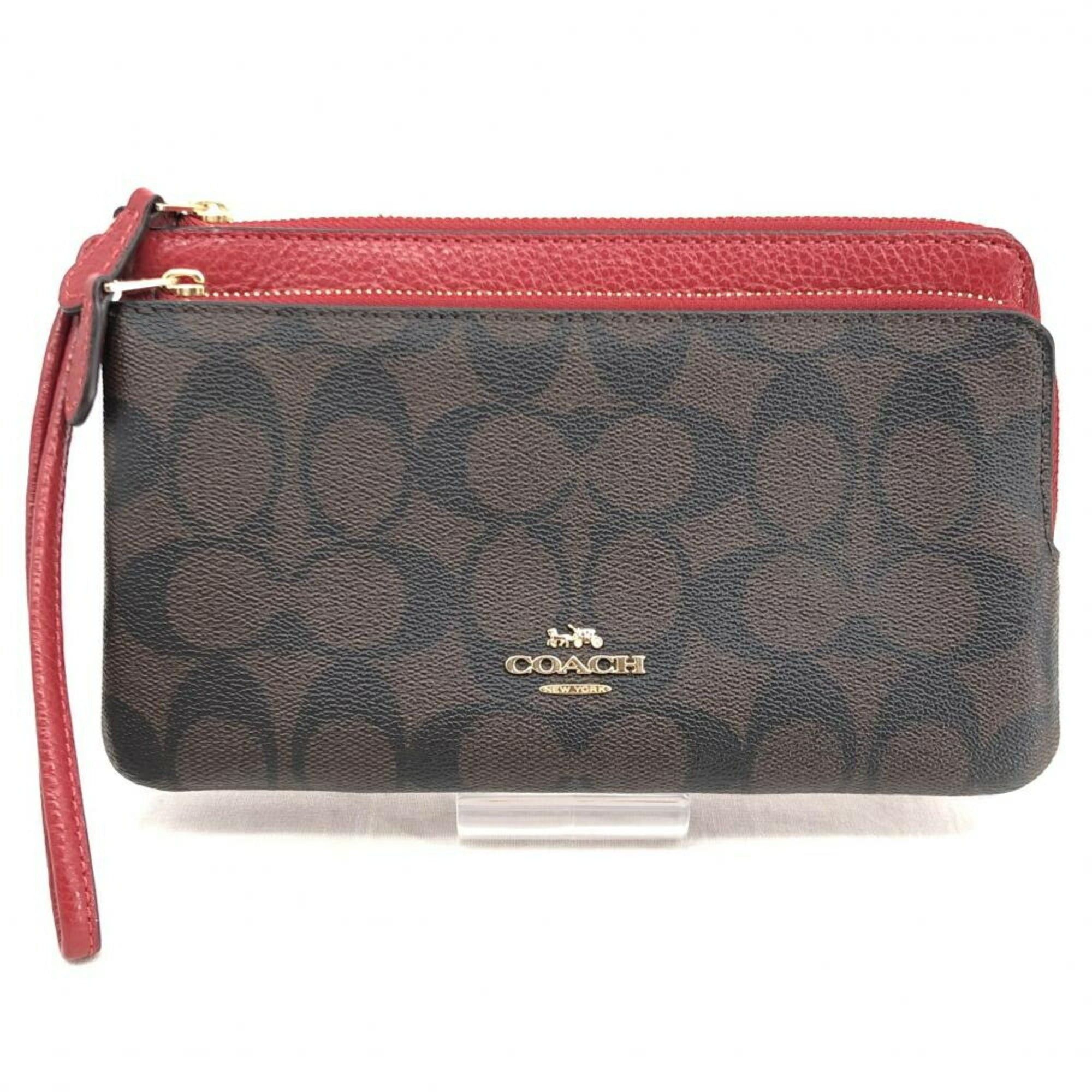image of Coach Signature Pouch Wallet Red Brown Leather, Women's