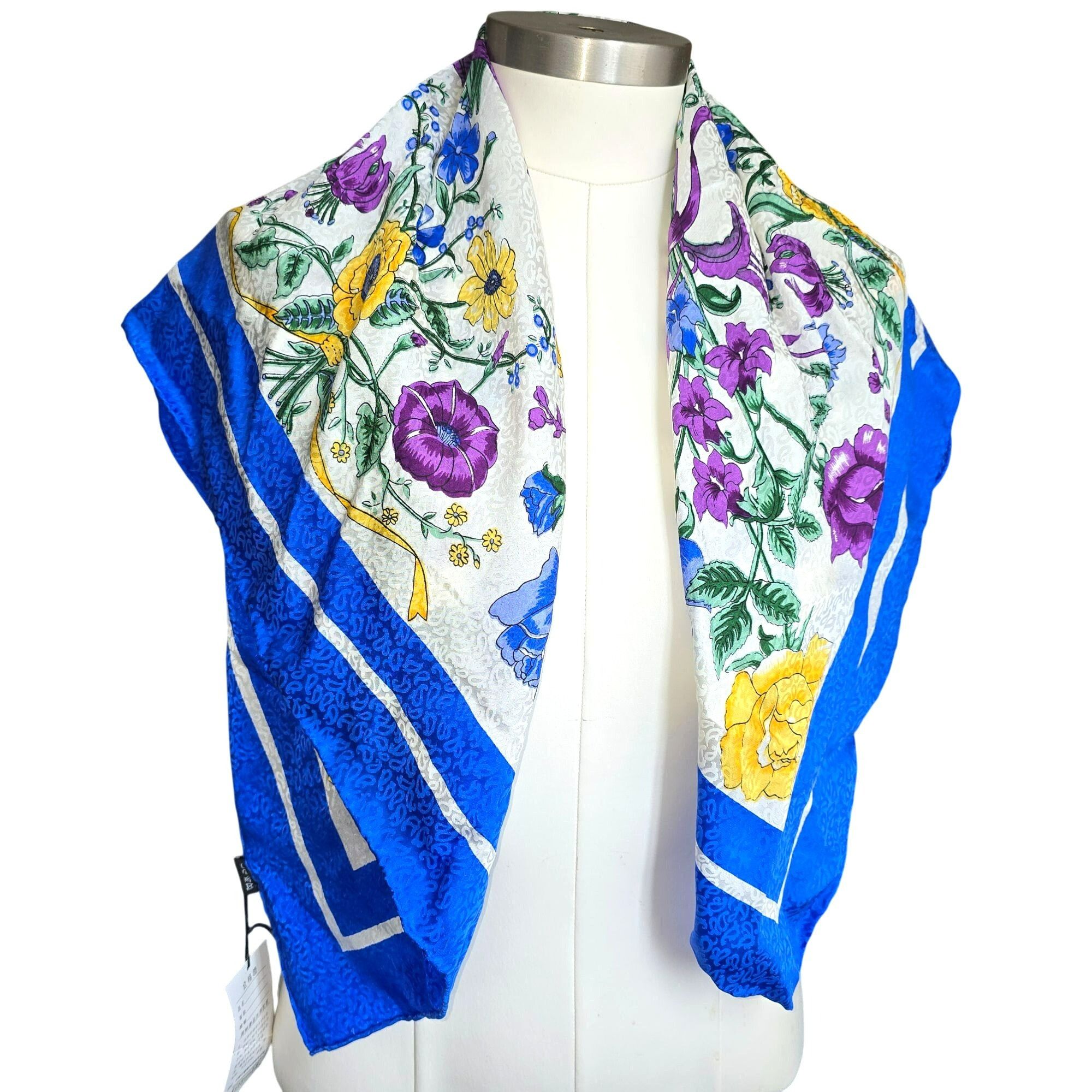 Vintage Vintage Silk Scarf Floral Print Blue White Yellow Purple Iri Size ONE SIZE - 2 Thumbnail