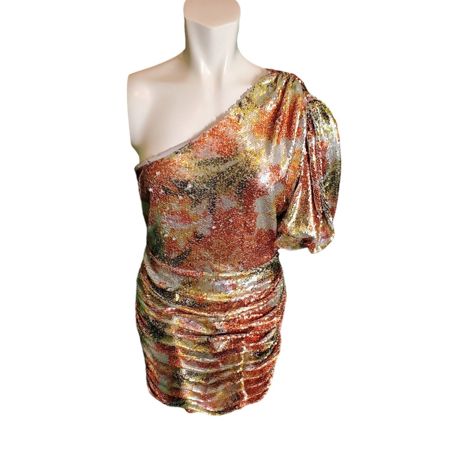Ronny Kobo Ronny Kobo Eden Sequin Ruched One Shoulder Mini Dress Gold M Size L / US 10 / IT 46 - 8 Thumbnail