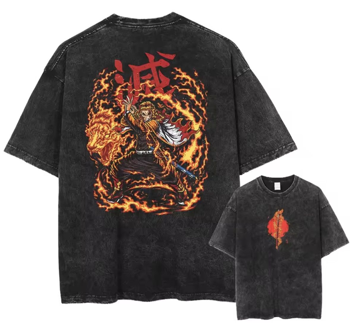 Japanese Brand Y2K Street Goth Fire Demon Slayer Print Washed T-Shirt Size US L / EU 52-54 / 3 - 1 Thumbnail