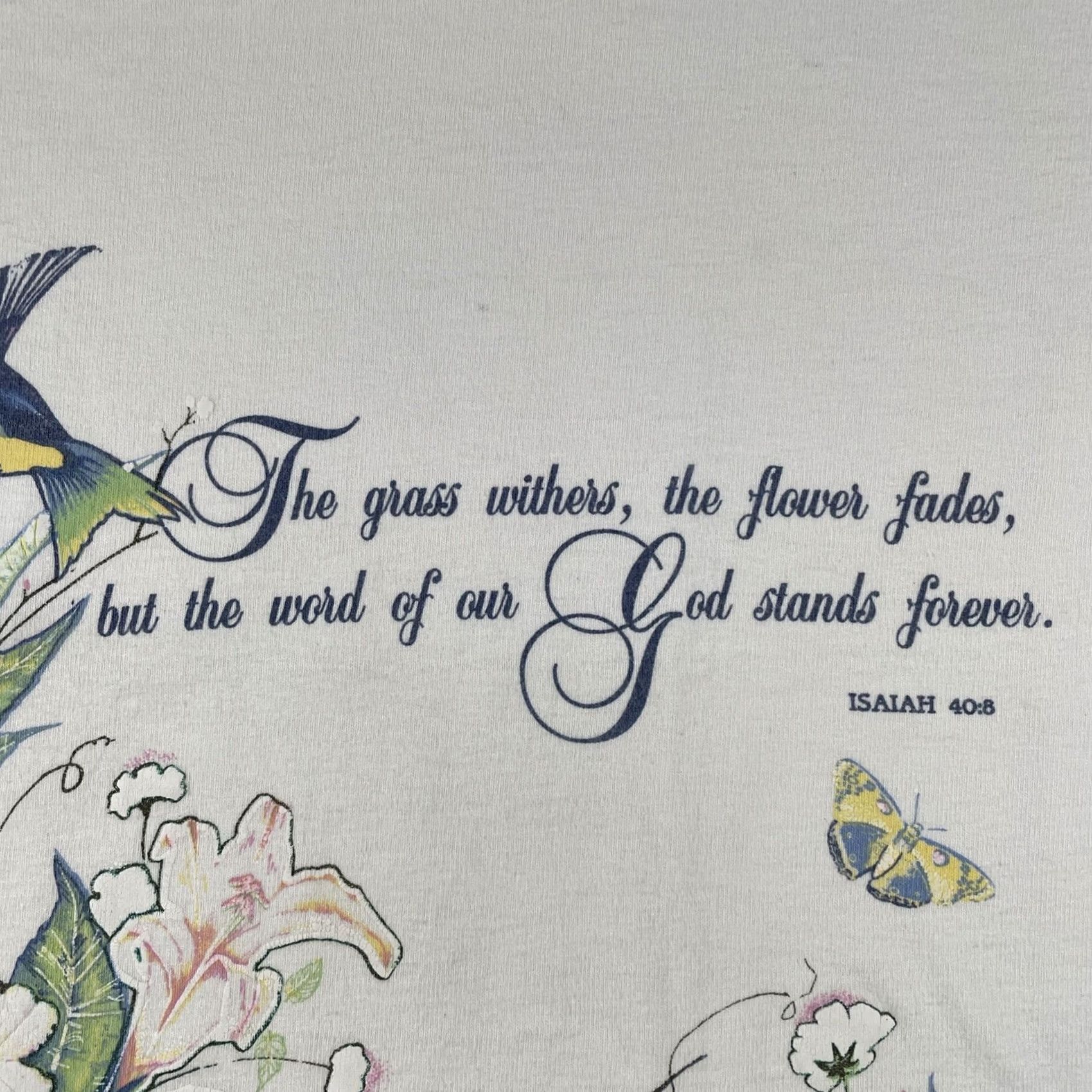Anvil VINTAGE Anvil Shirt Long Sleeve XL White Floral Hummingbird 90s 80s Jesus Bible Isaiah 40:8 Mens Size US XL / EU 56 / 4 - 4 Thumbnail