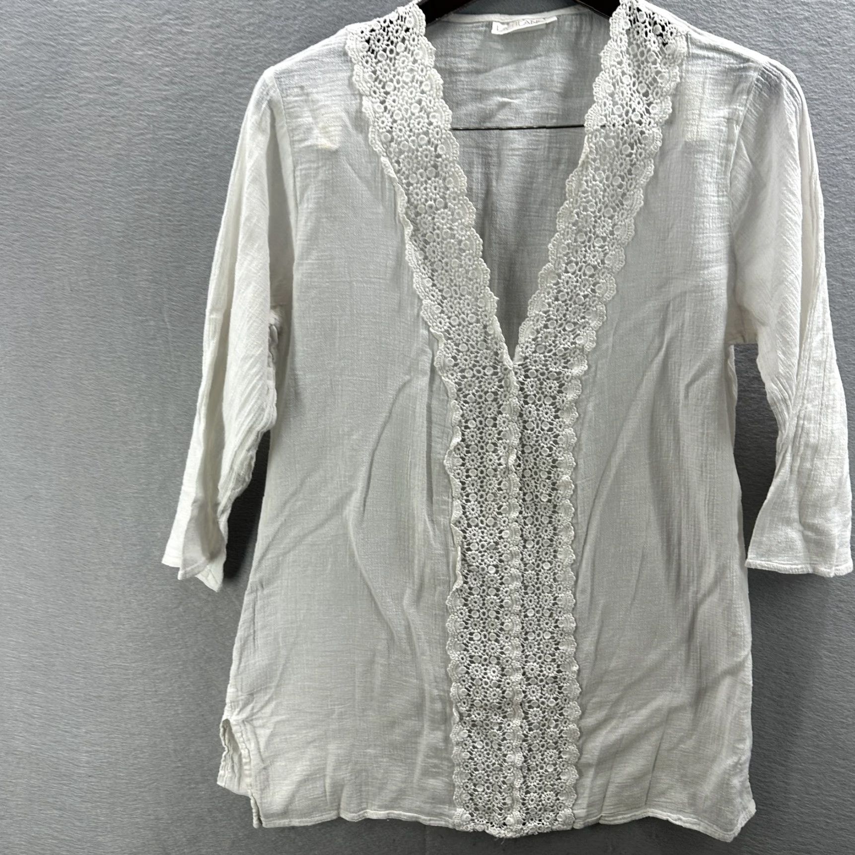 Vintage La Blanca Tunic Blouse Womens Large White Crochet Lace Trim Cover-Up Beach Boho Size L / US 10 / IT 46 - 3 Thumbnail