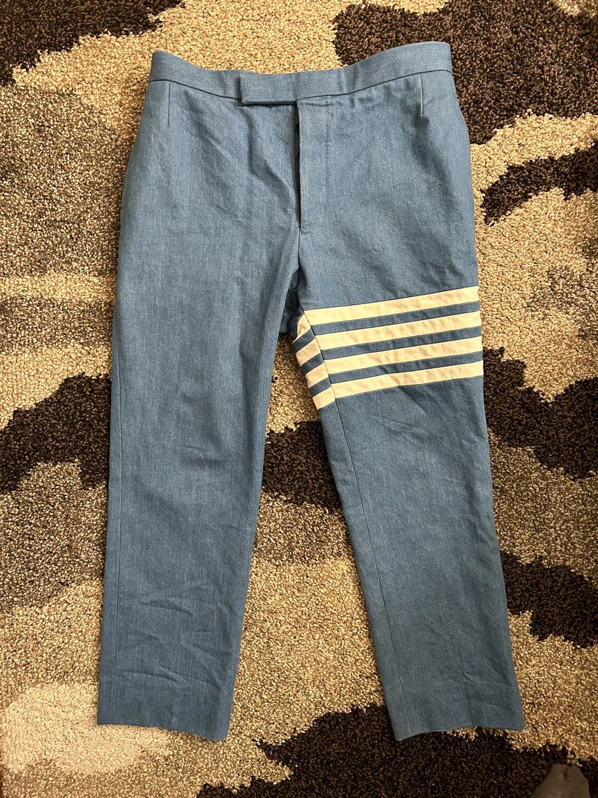 image of Thom Browne 4-Bar Stripe Tailored Backstrap Blue Trousers, Men's (Size 32)