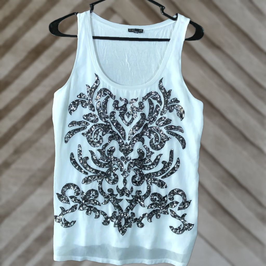 Express Express Womens Tank White Embroider Sequin Scoop Neck Lined Small Size S / US 4 / IT 40 - 1 Thumbnail