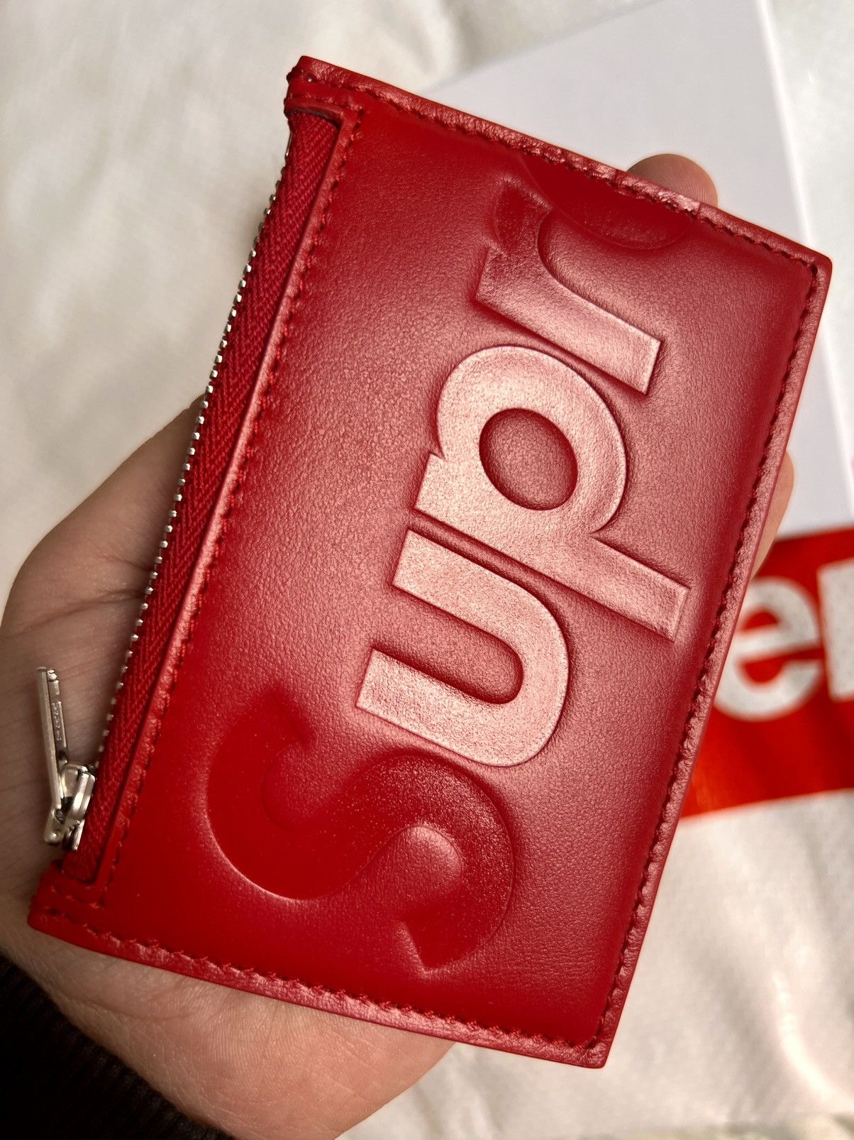 SUPREME Leather zip card holder Wallet red calfskin logo